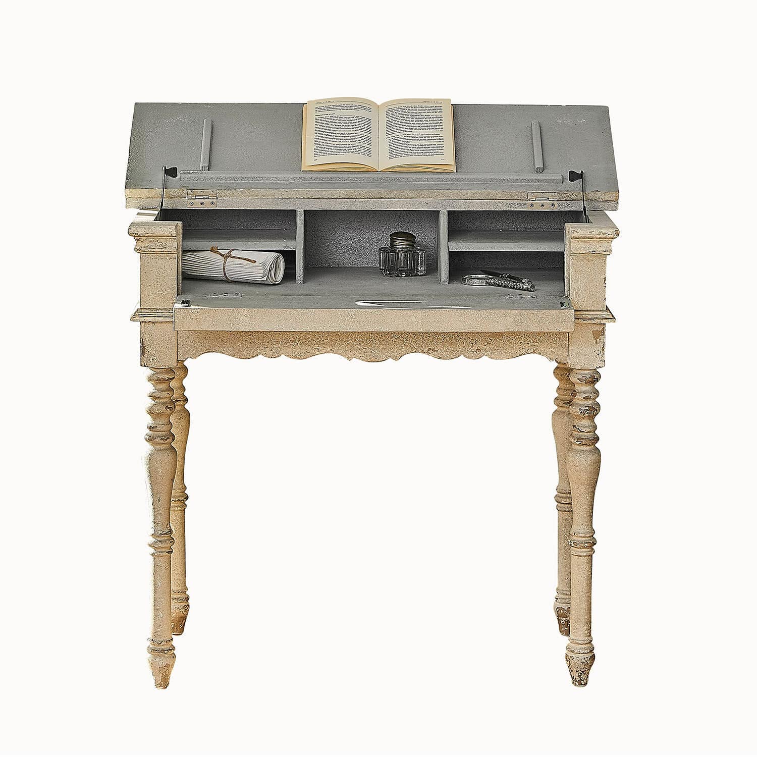 Consola Arterton Escritorio vintage de madera beige y gris con tapa abierta y libro sobre la superficie de trabajo