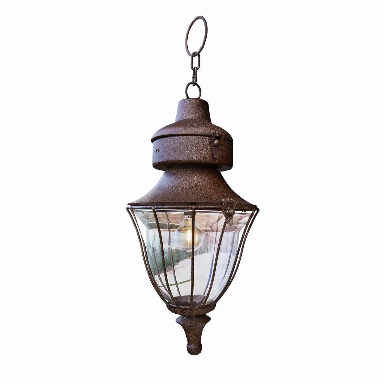 Farol LED recargable Gambier Lámpara colgante de metal oxidado con pantalla transparente y bombilla, iluminación exterior rústica