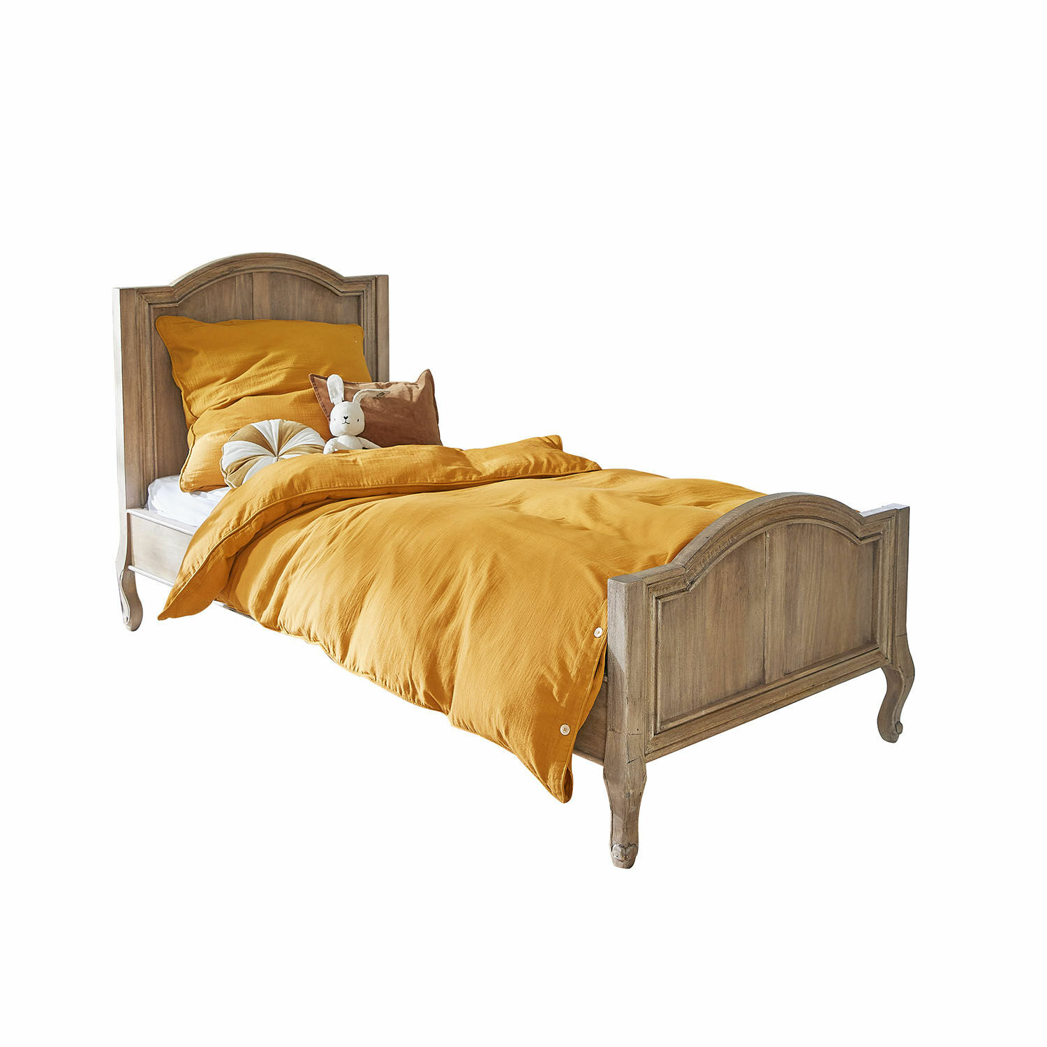 Cama Rêverine Cama de madera con ropa de cama naranja y cojines suaves, estilo rústico para dormitorio