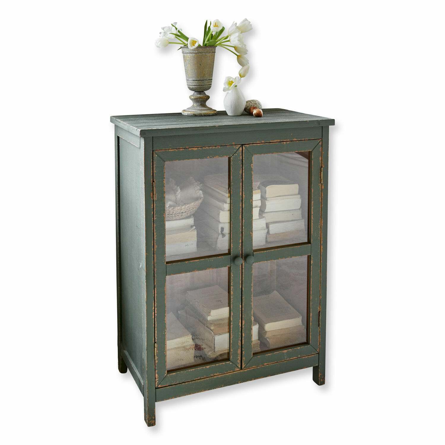 Cómoda Alajela Armario verde de madera con puertas de cristal y decoración floral encima, mueble de almacenamiento rústico