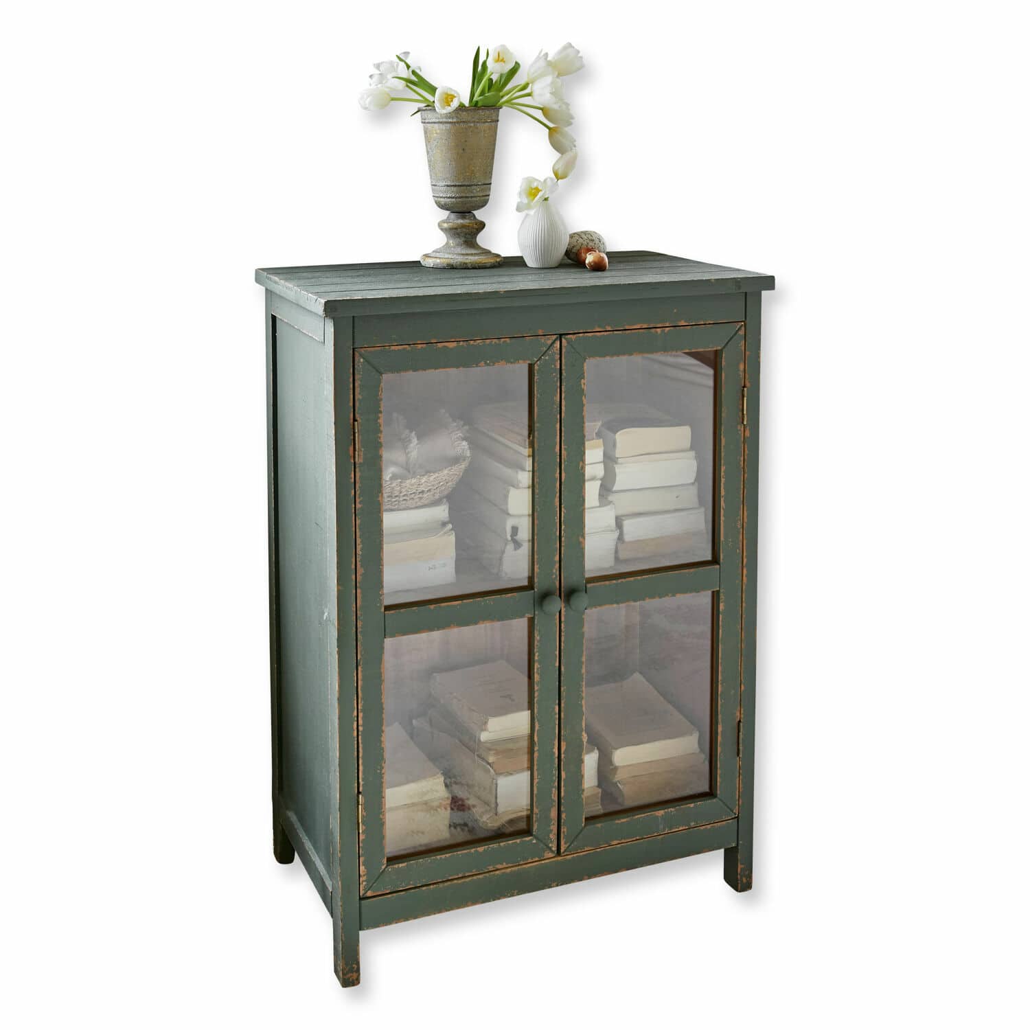 Cómoda Alajela Armario verde de madera con puertas de cristal y decoración floral encima, mueble de almacenamiento rústico