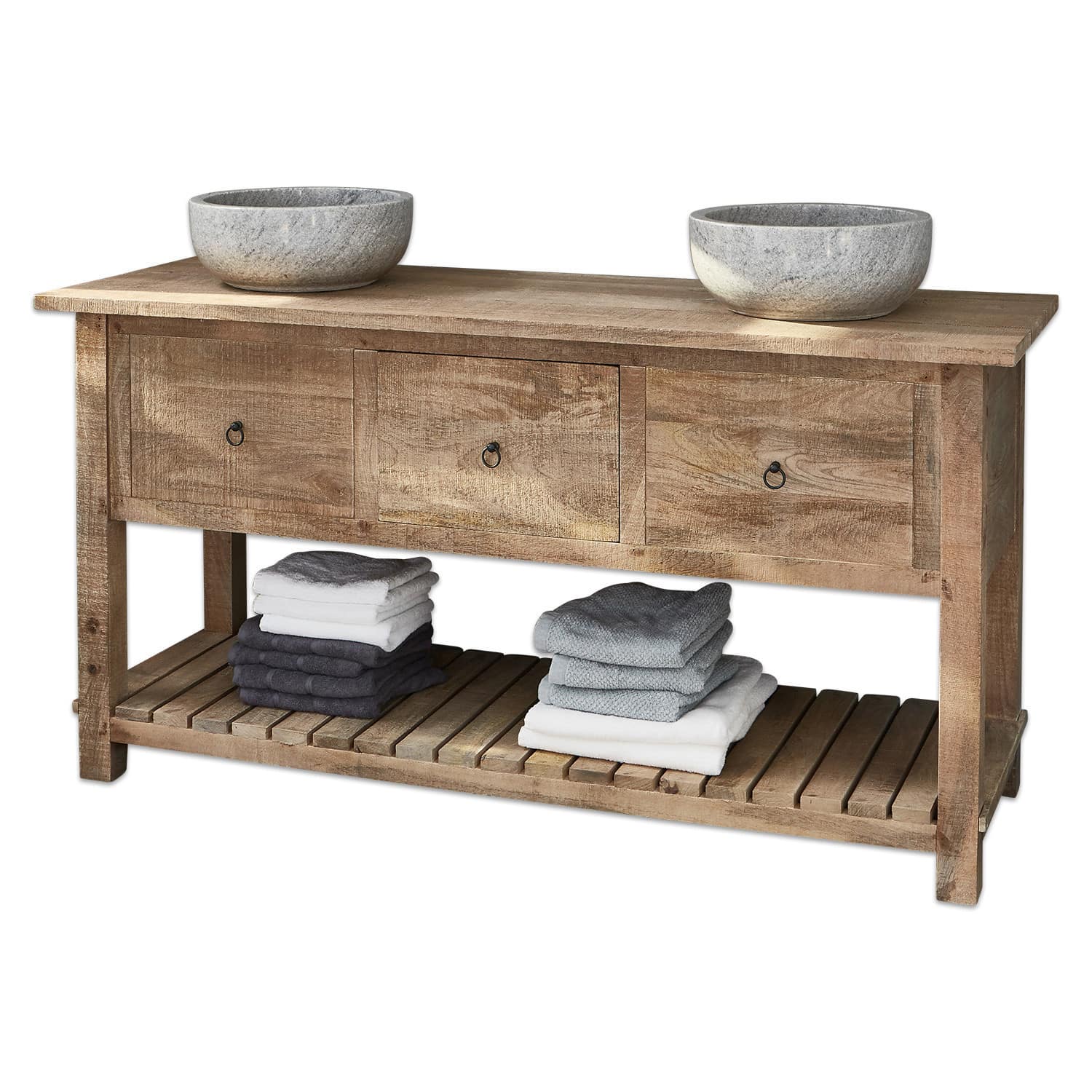 Mueble de lavabo doble Ravel Consola de baño de madera natural con tres cajones y dos lavabos de piedra gris