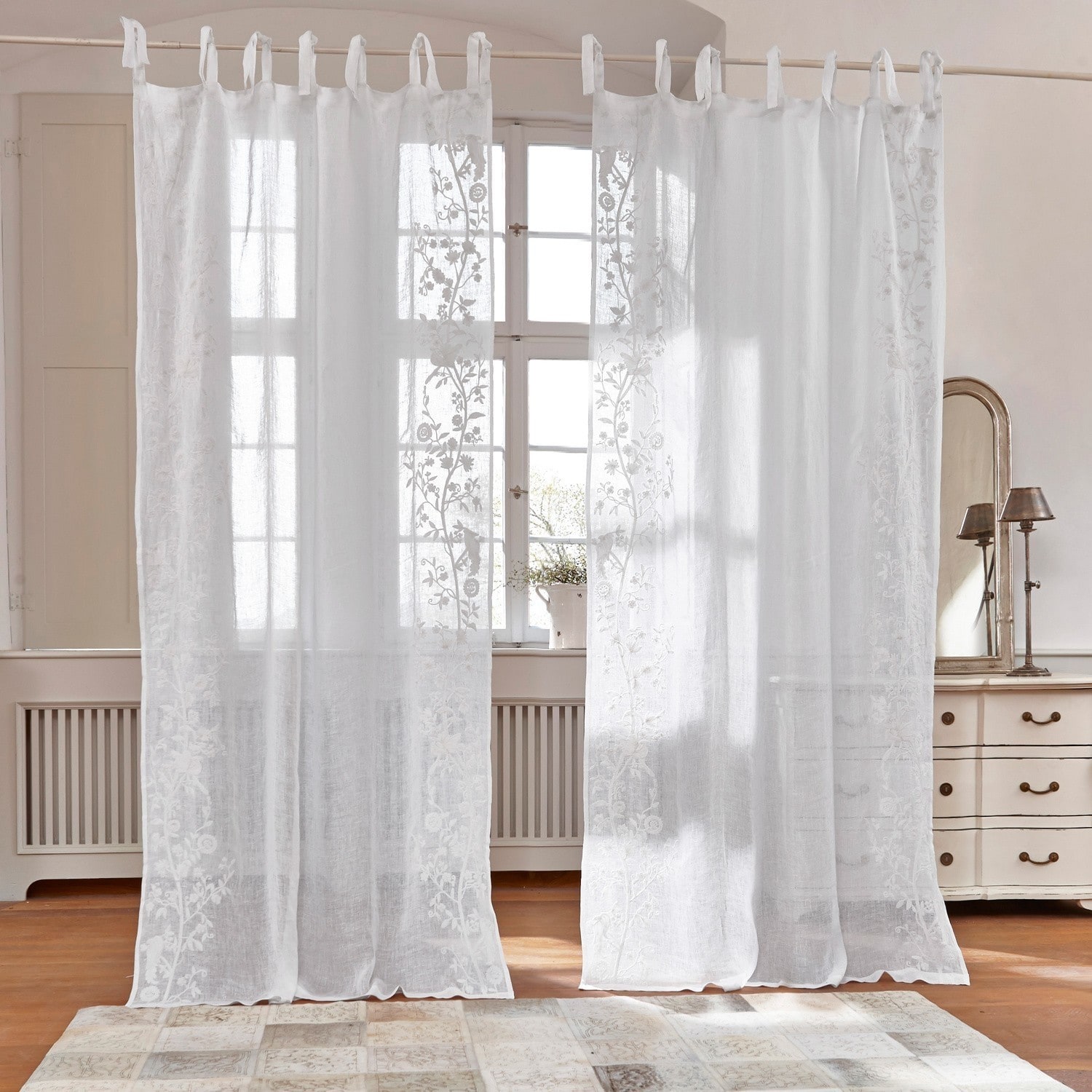 Cortina Douvaine Cortinas blancas translúcidas con delicado bordado floral, decoración elegante para ventanas