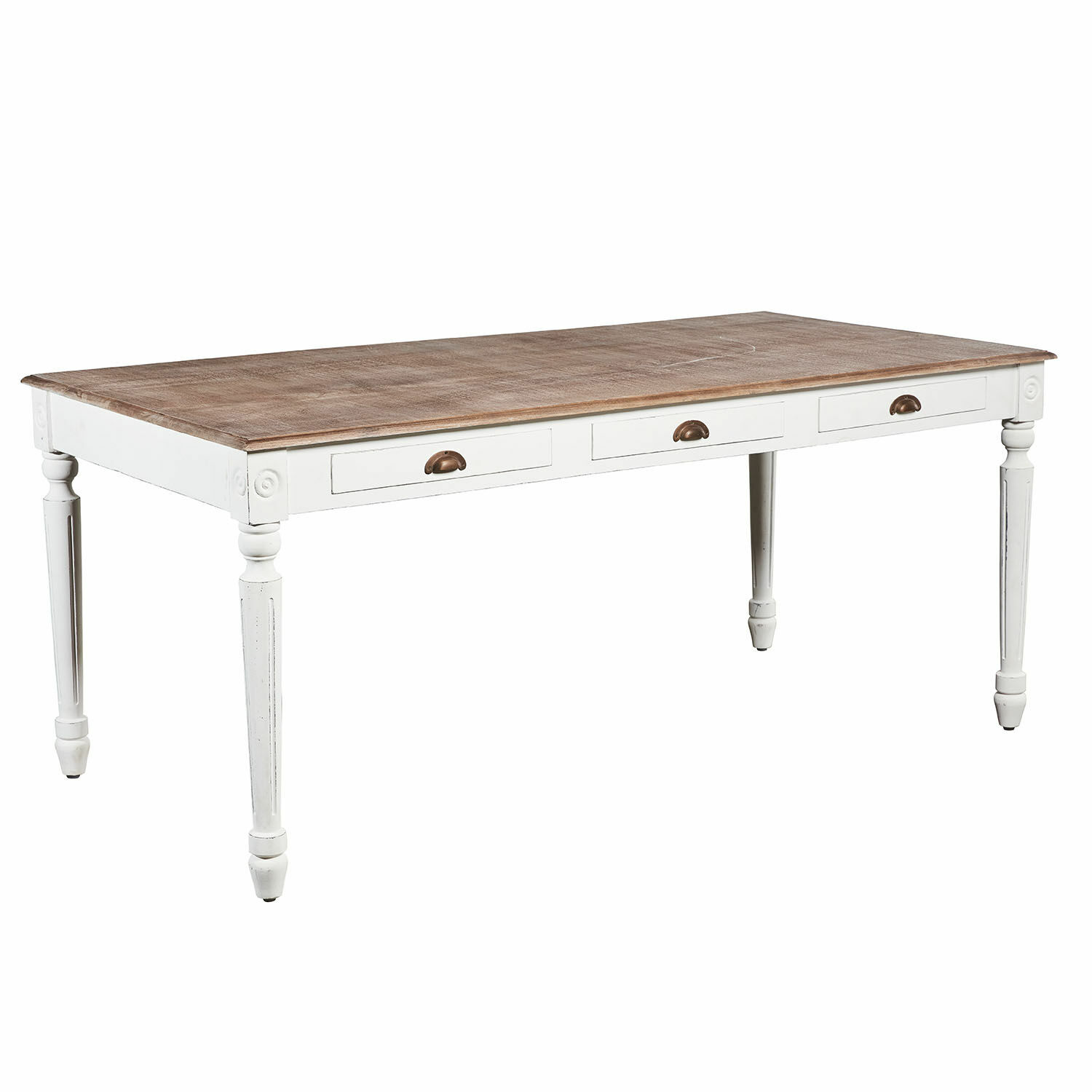 Mesa Helsinquia Mesa de madera con base blanca y tablero de madera natural, con cajones y patas clásicas torneadas