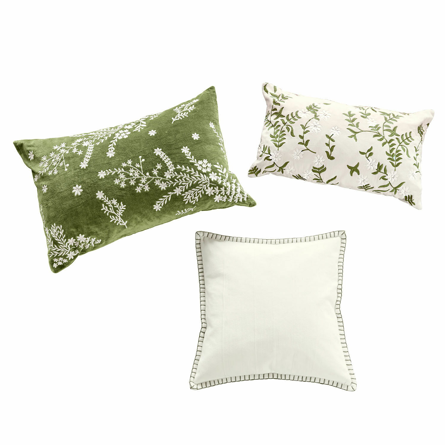 Set de 3 fundas de cojín Iplique Conjunto de tres cojines decorativos con bordados verdes y blancos, material suave, decoración interior