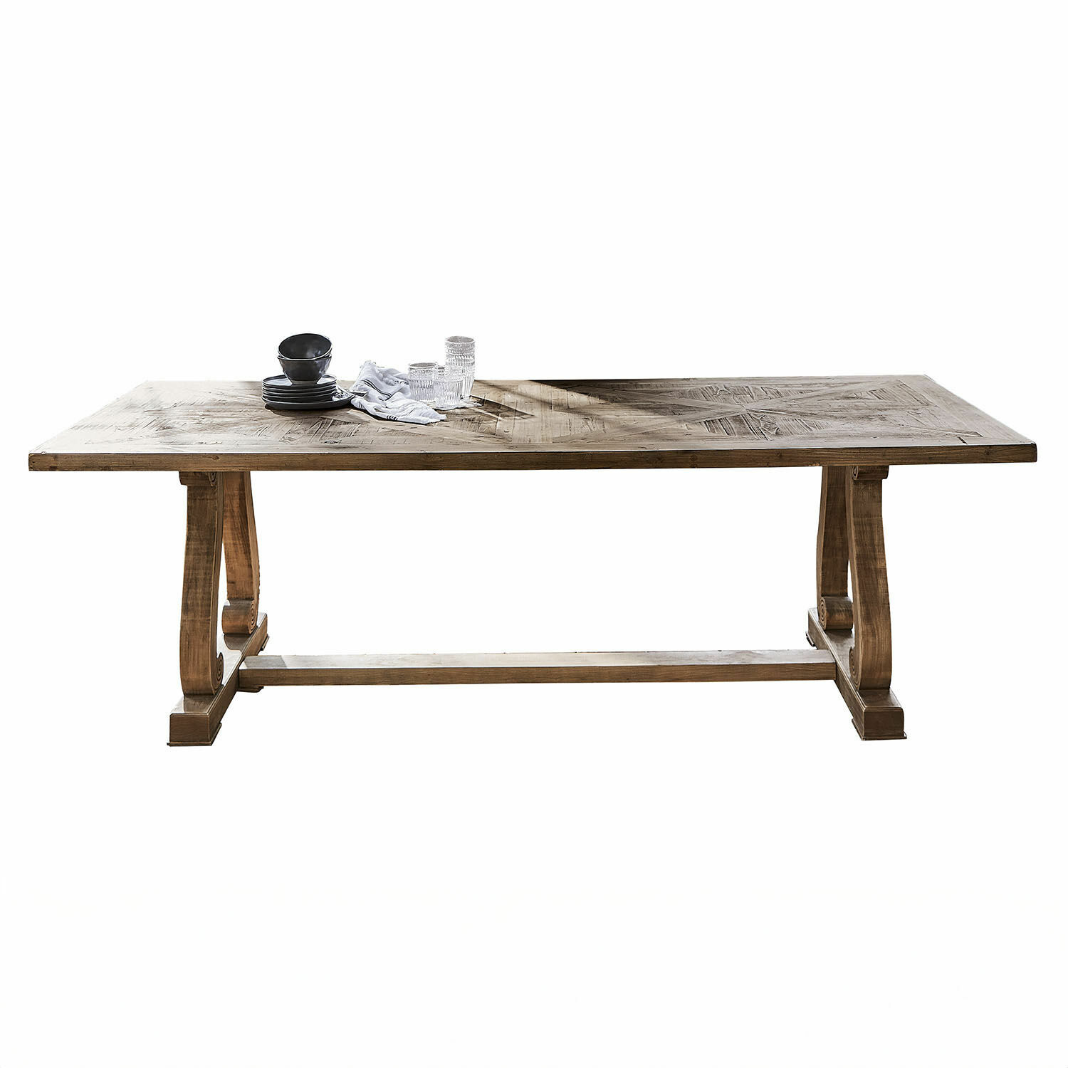 Mesa Campbelltown Mesa grande de madera con tablero rústico y patas robustas, color madera natural