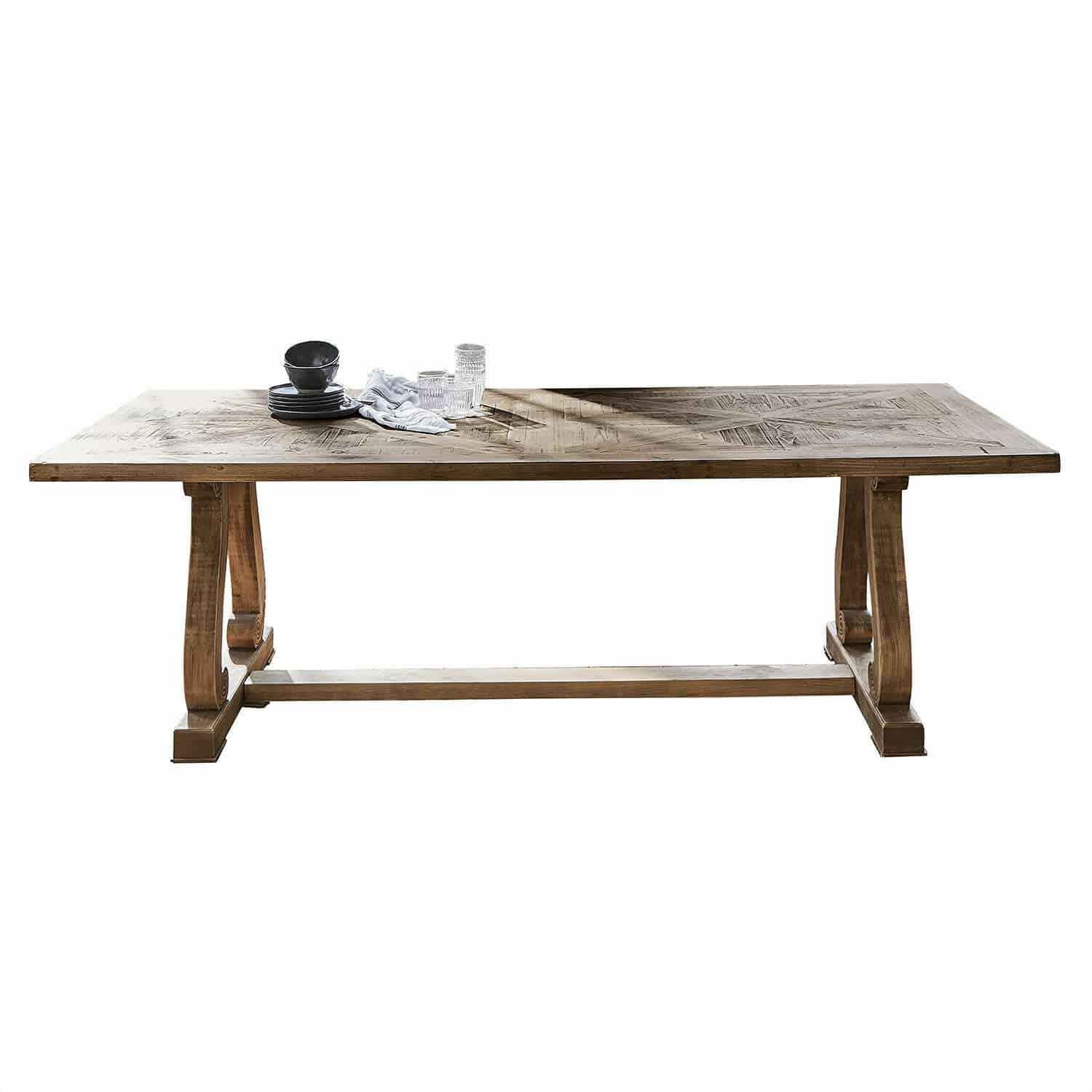 Mesa Campbelltown Mesa grande de madera con tablero rústico y patas robustas, color madera natural