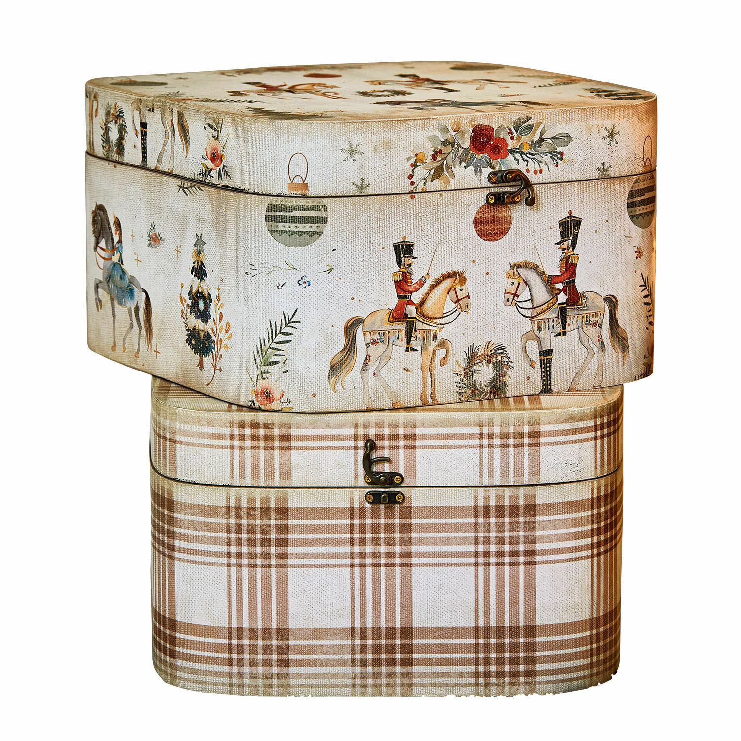 Set de 2 cajas Cormira Conjunto de dos cajas decorativas de tela beige con cuadros marrones y diseño de soldados a caballo vintage
