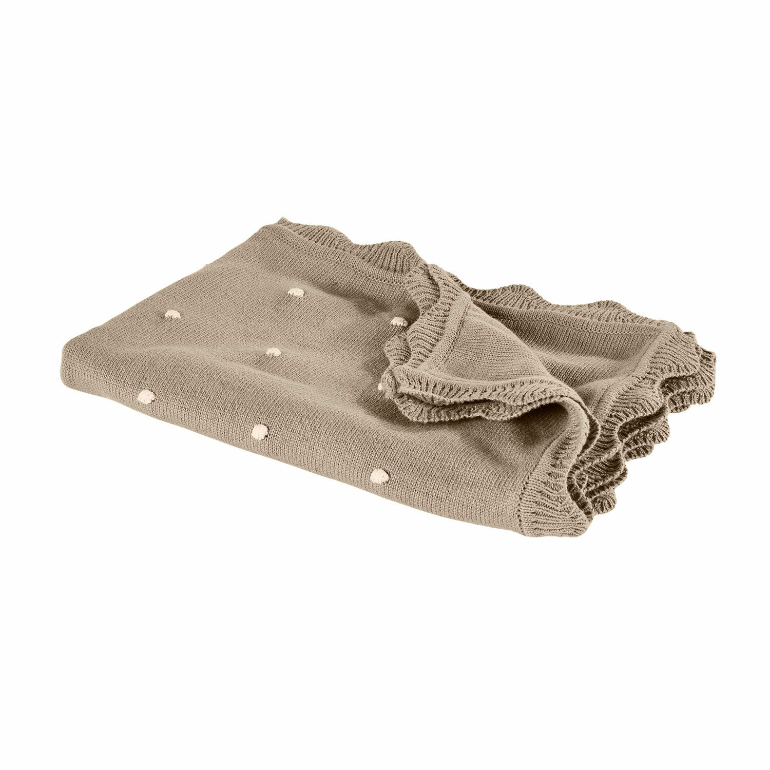 Plaid Saphie Manta beige de punto con lunares blancos decorativos y borde con volantes, tejido suave para decoración