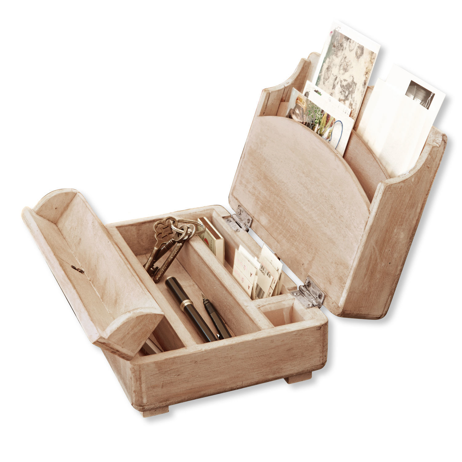 Organizador de escritorio Didier Caja de madera clara con compartimentos para llaves, bolígrafos y cartas, almacenamiento útil
