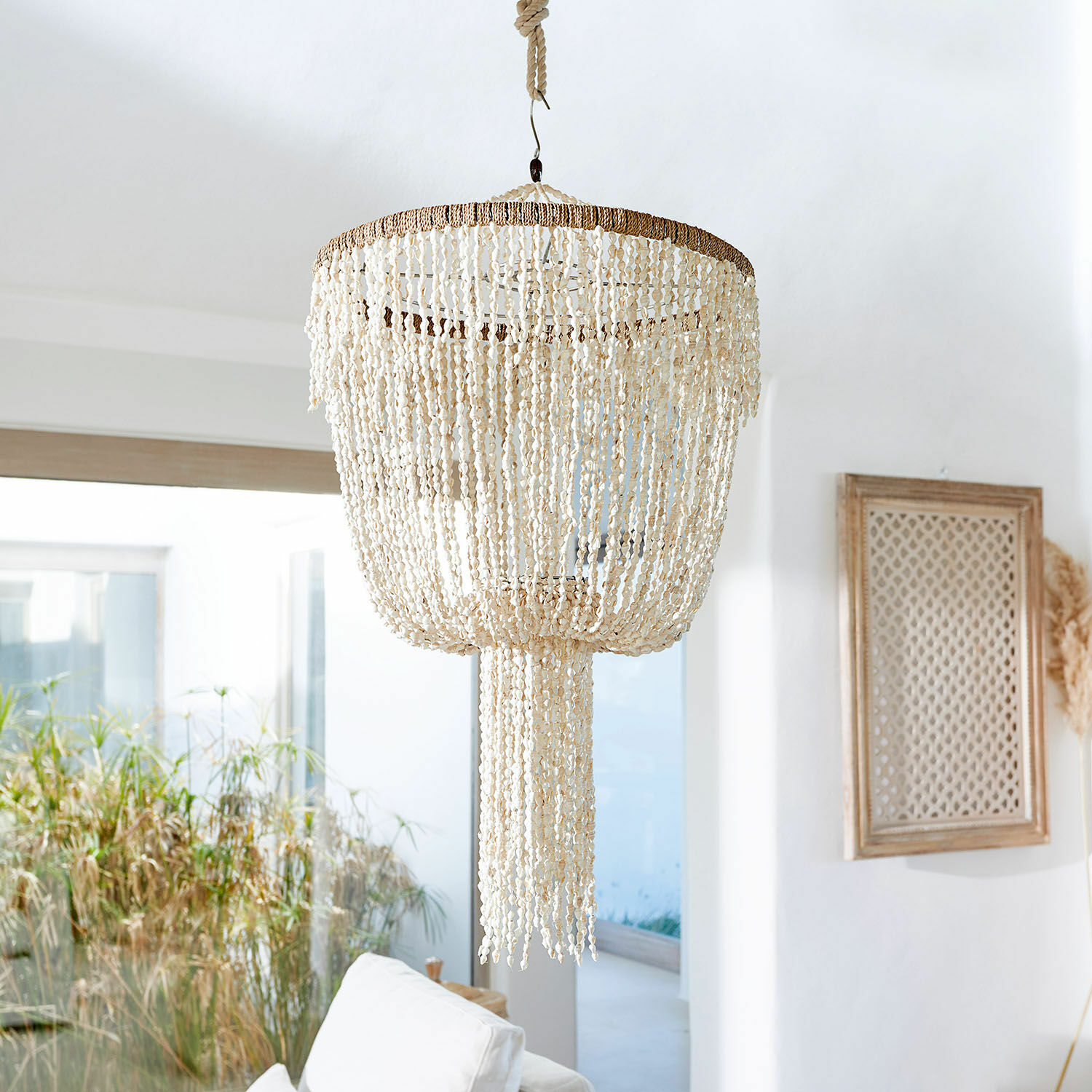 Pantalla Trétudans Lámpara colgante de conchas naturales color crema para decoración interior bohemia