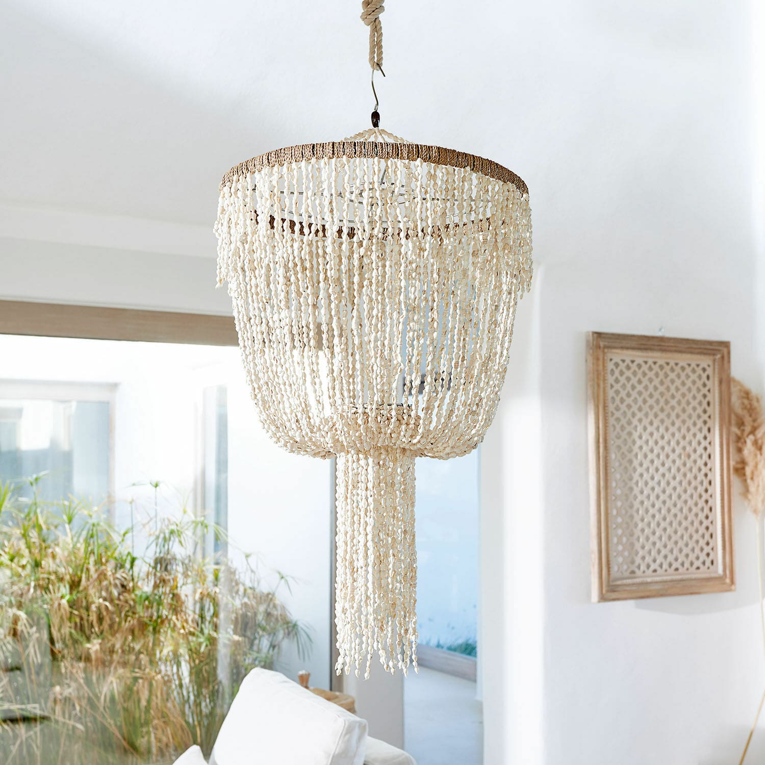 Pantalla Trétudans Lámpara colgante de conchas naturales color crema para decoración interior bohemia