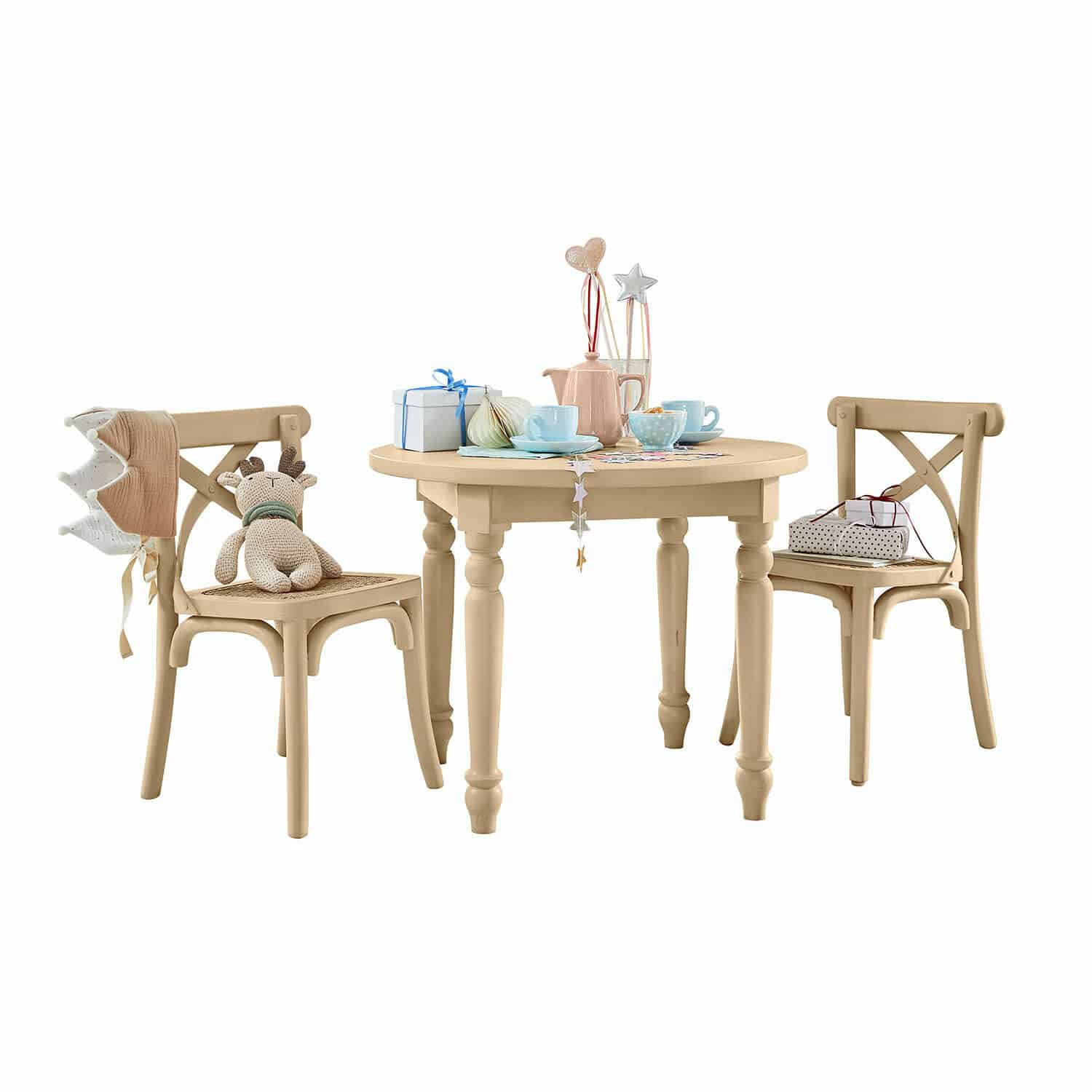 Grupo de asientos para niños Sourila Mesa redonda de madera beige con dos sillas y decoraciones para té y regalos