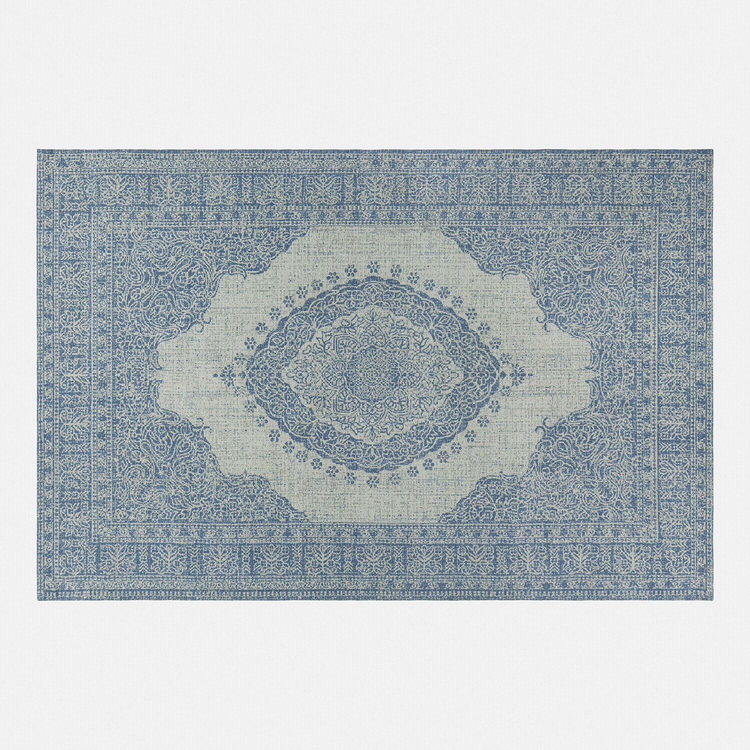 Alfombra con diseño oriental en tonos azules y grises, decorativa y elegante para salón