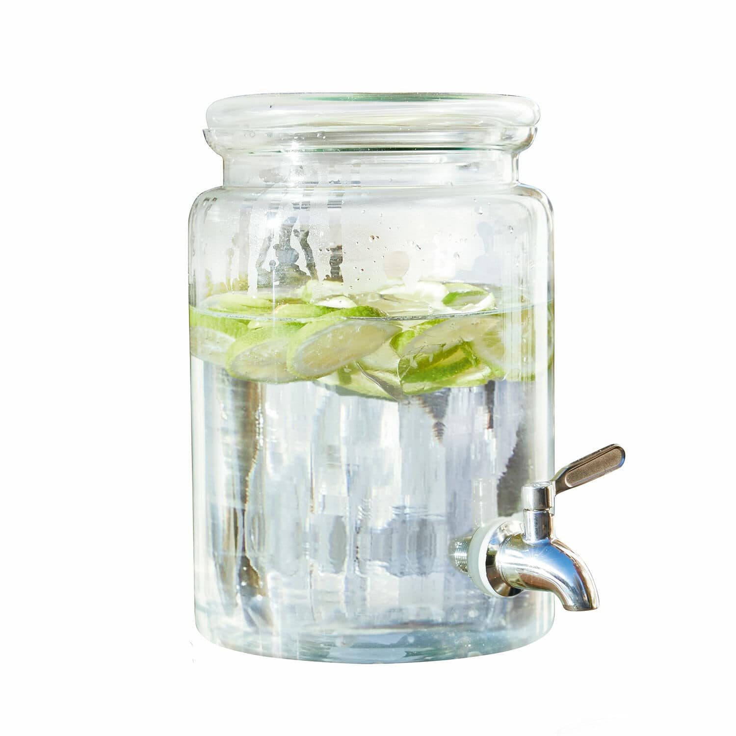 Dispensador de bebidas Gabela Dispensador de bebidas de vidrio con grifo, lleno de agua con rodajas de lima, para servir bebidas