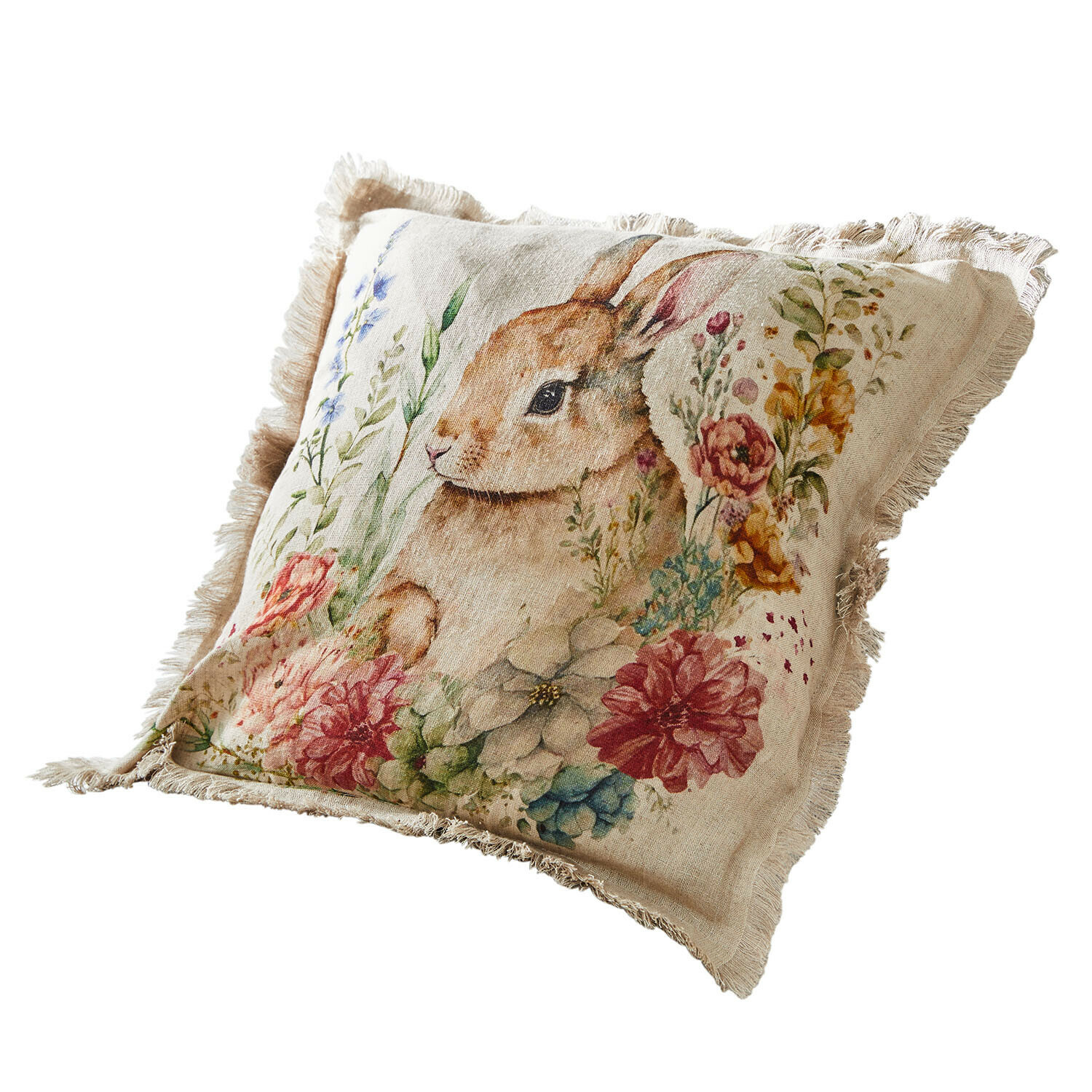 Funda de cojín Parélys Cojín de lino beige con diseño de conejo y flores coloridas, decoración para el hogar