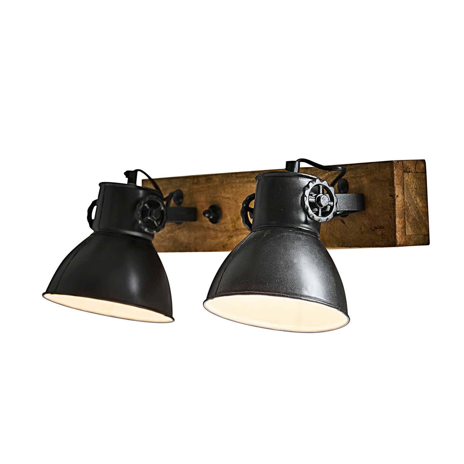 Lámpara de pared Périgné Lámpara de pared negra de metal con dos pantallas ajustables sobre base de madera, estilo industrial