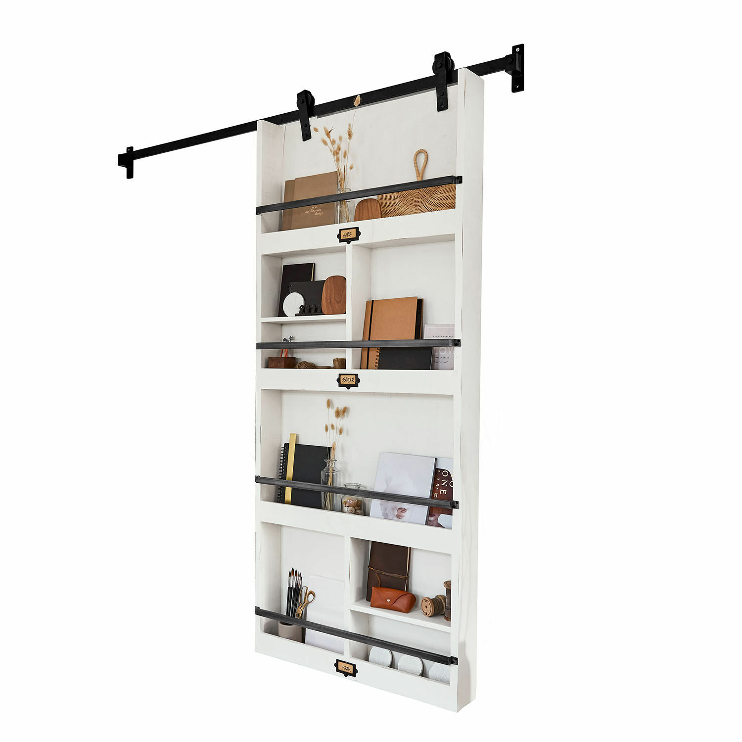 Puerta corredera Besançon Estantería de pared blanca de madera con barras metálicas para libros y decoración