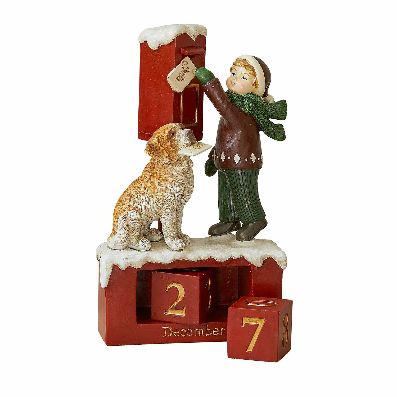Calendario Norrholm Calendario de adviento con figura de niño y perro junto a buzón rojo con fecha de diciembre