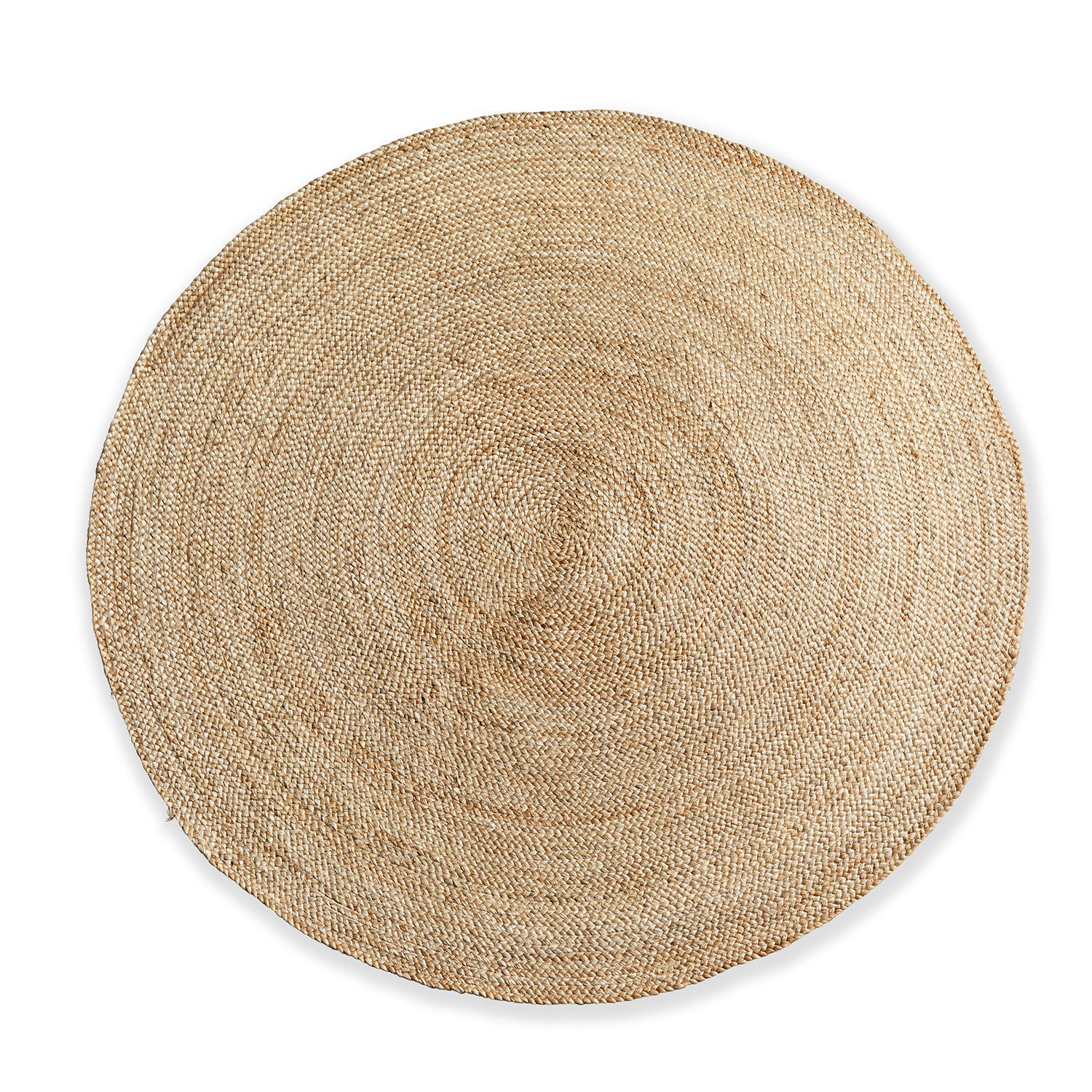 Alfombra redonda de yute natural en color beige, ideal para interiores ecológicos y bohemios