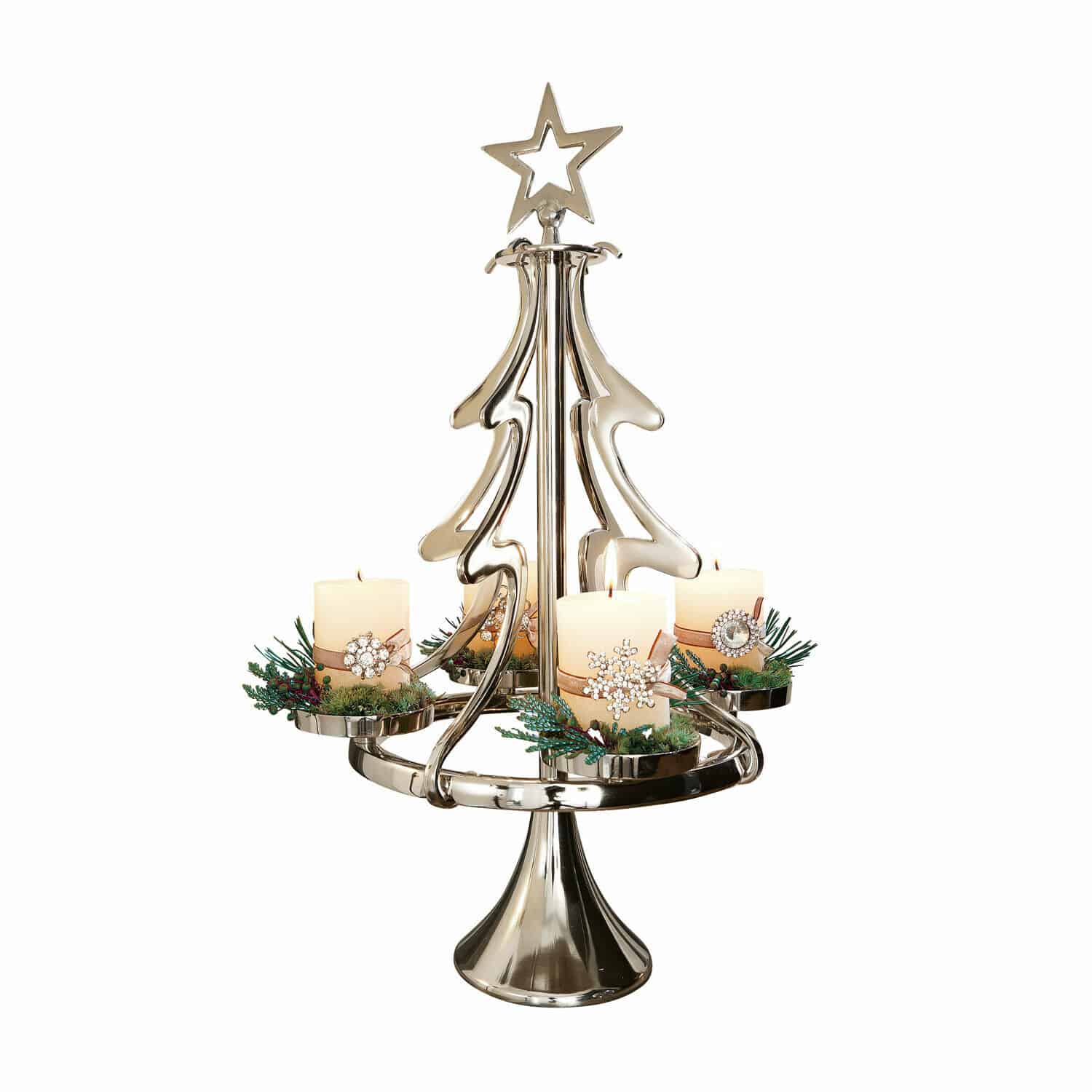 Soporte para corona de Adviento Gaetana Candelabro metálico en forma de árbol con cuatro velas blancas y decoraciones navideñas