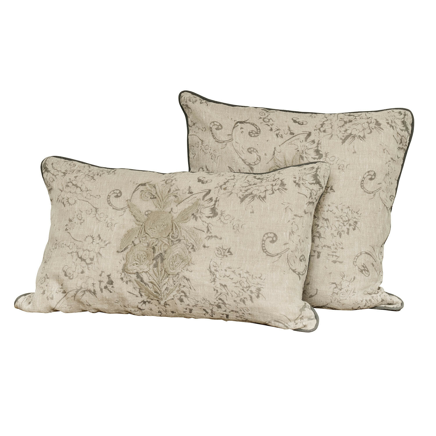 Set de 2 fundas de cojín Tenerosa Conjunto de dos cojines decorativos beige de lino con diseño floral y ribete gris