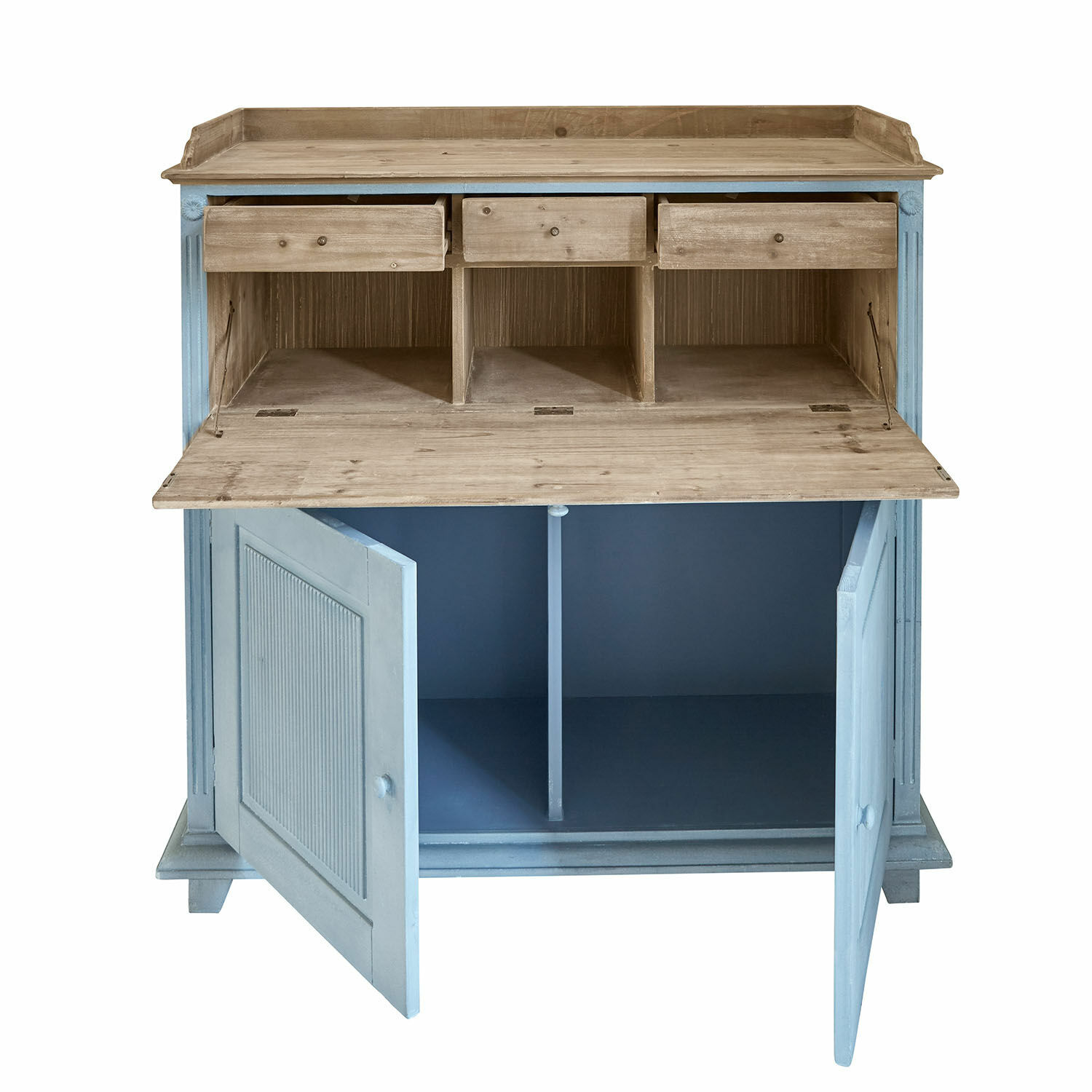 Escritorio Marignelle Cómoda de madera con puertas azules y superficie natural, cajones y estantes prácticos para almacenamiento