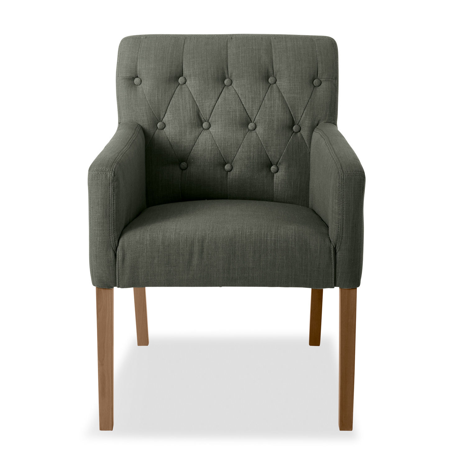 Sillón Betterton gris de tela con respaldo capitoné y patas de madera para salón
