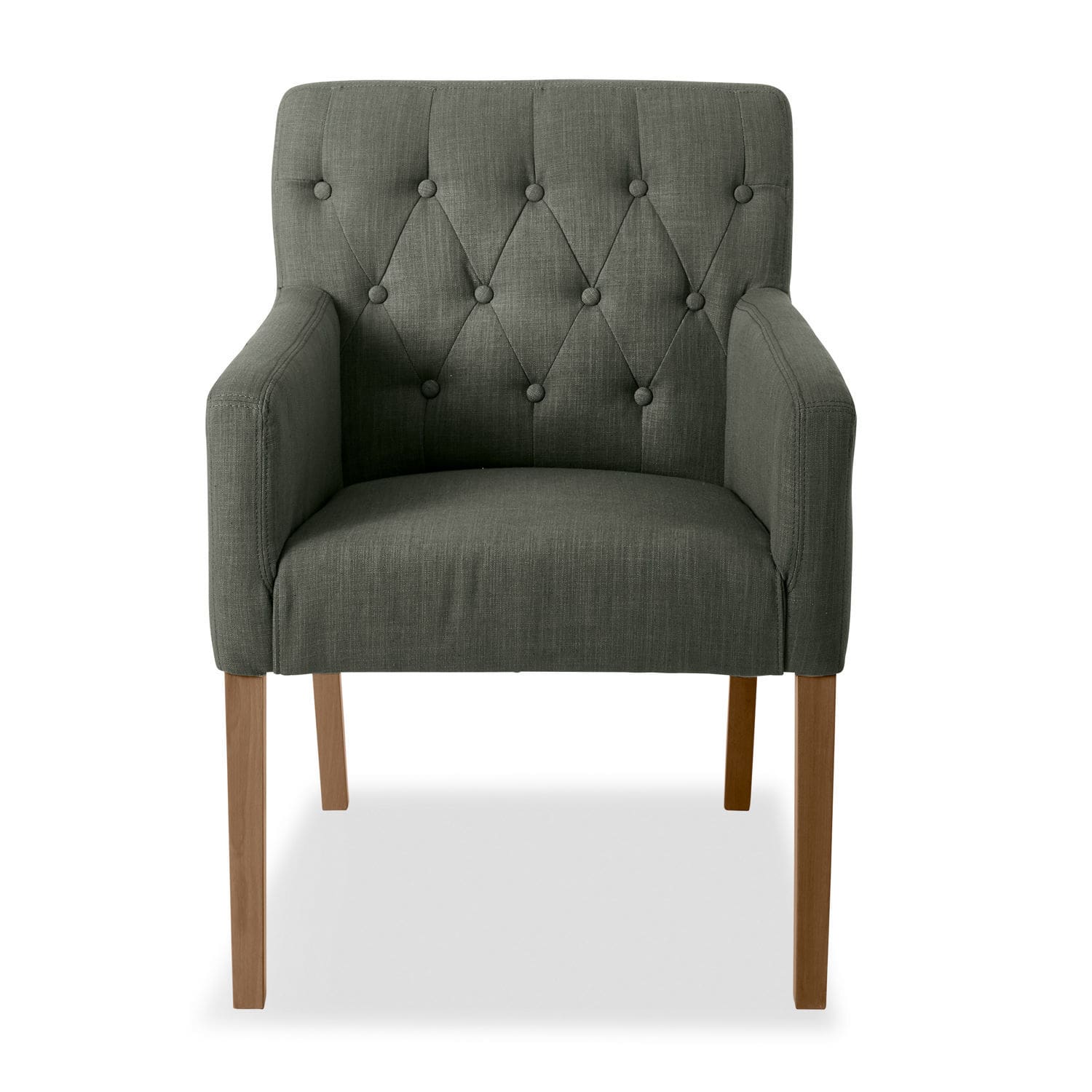 gris Sillón Betterton gris de tela con respaldo capitoné y patas de madera para salón