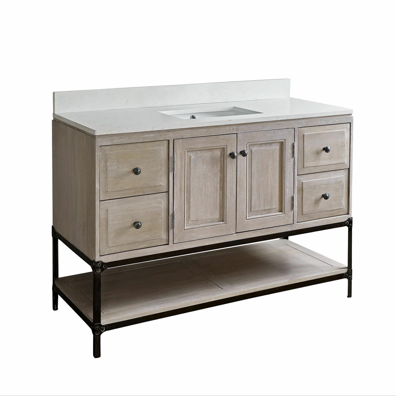 Lavabo Bayeaux Mueble de baño de madera clara con encimera blanca y base metálica, cajones prácticos y estante
