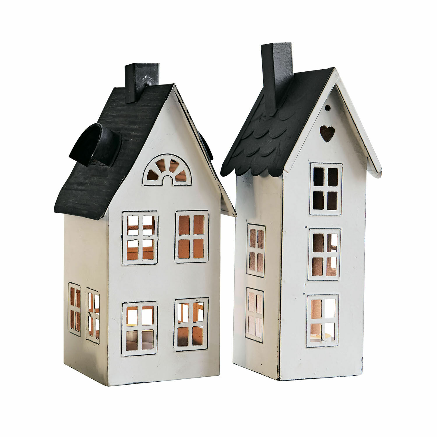 Casas decorativas de metal blanco con techos negros, adorno elegante para interiores y jardines