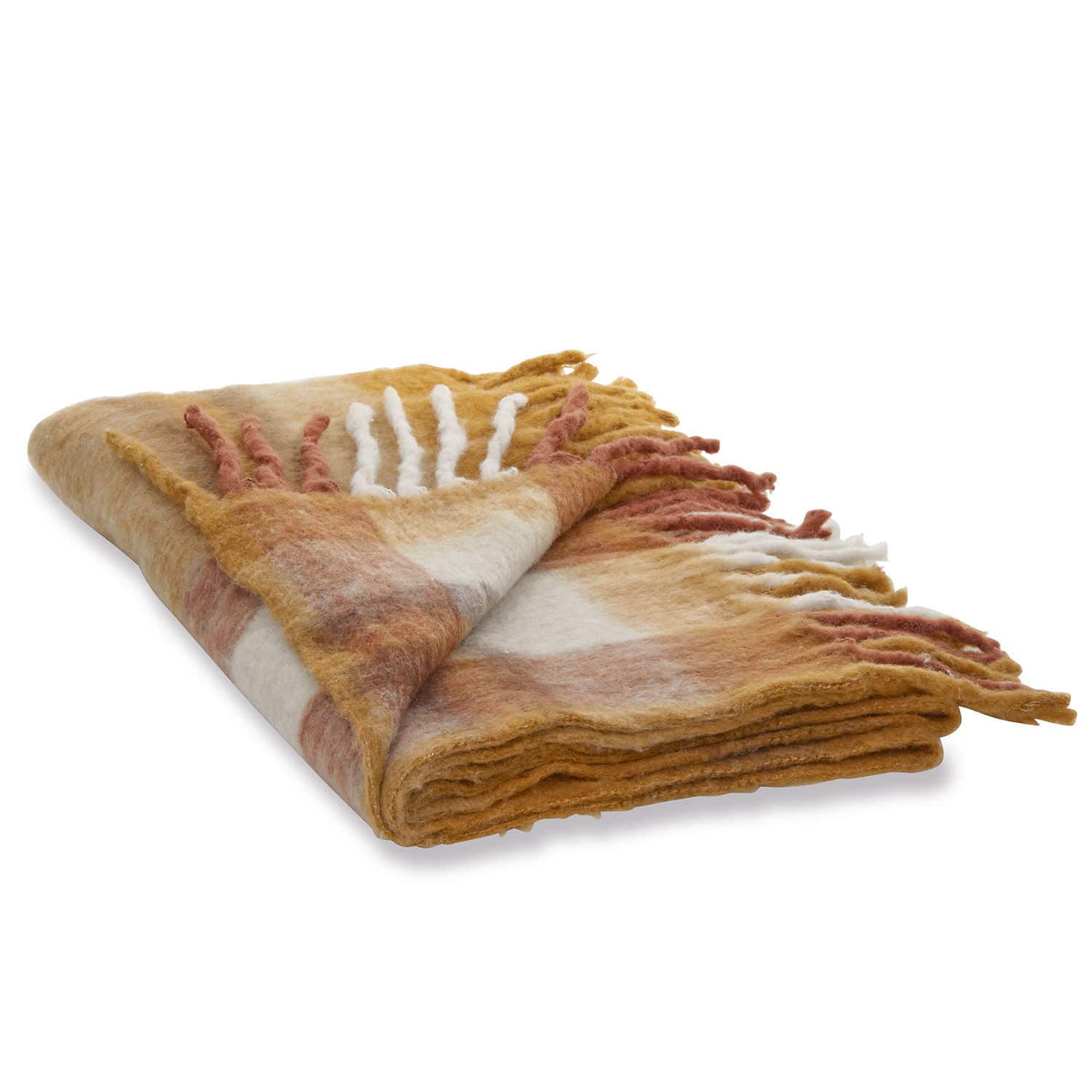 Plaid Alborg Manta suave con flecos en tonos cálidos beige y marrón, ideal para la sala