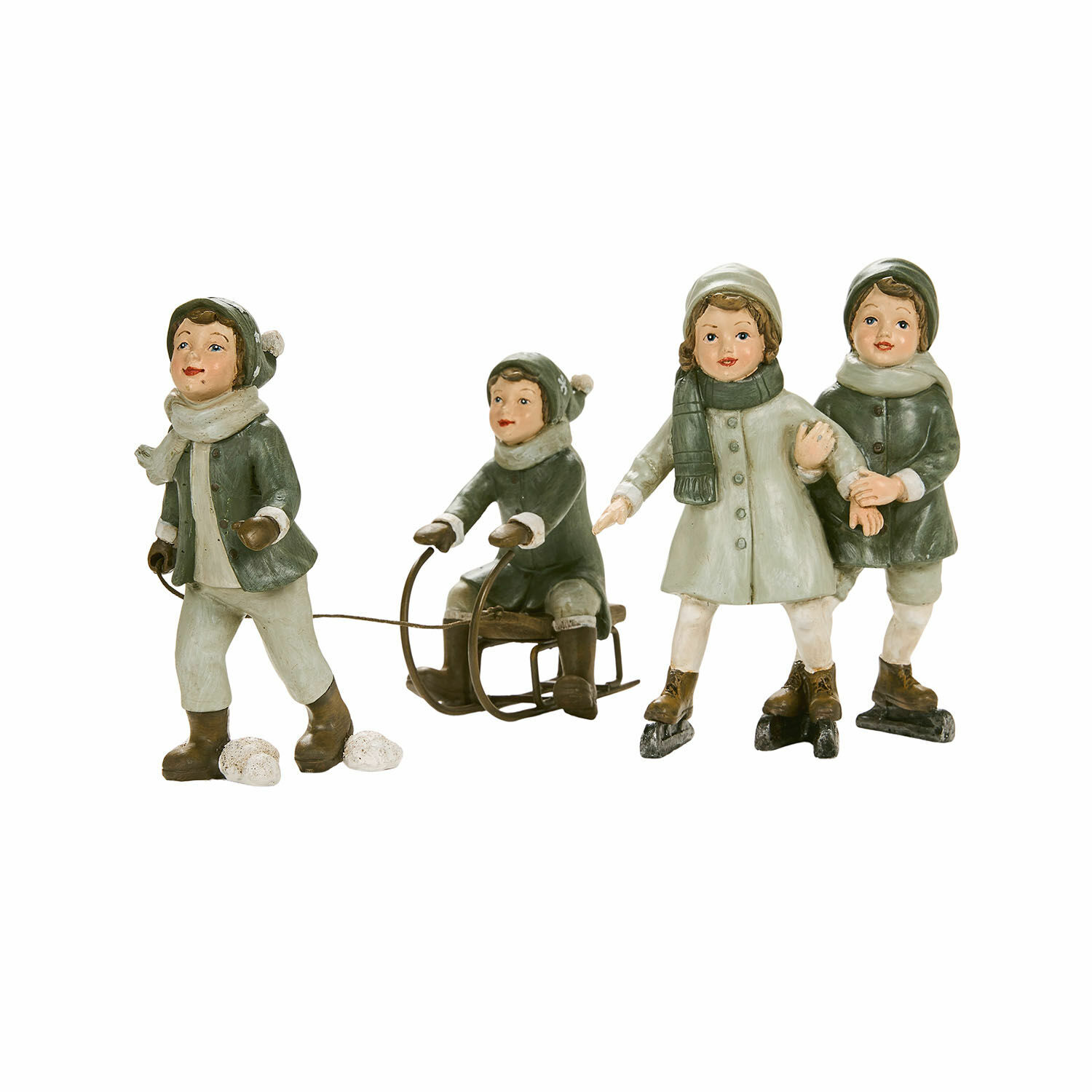 Conjunto de figuras de niños con ropa de invierno verde jugando con trineo y patines