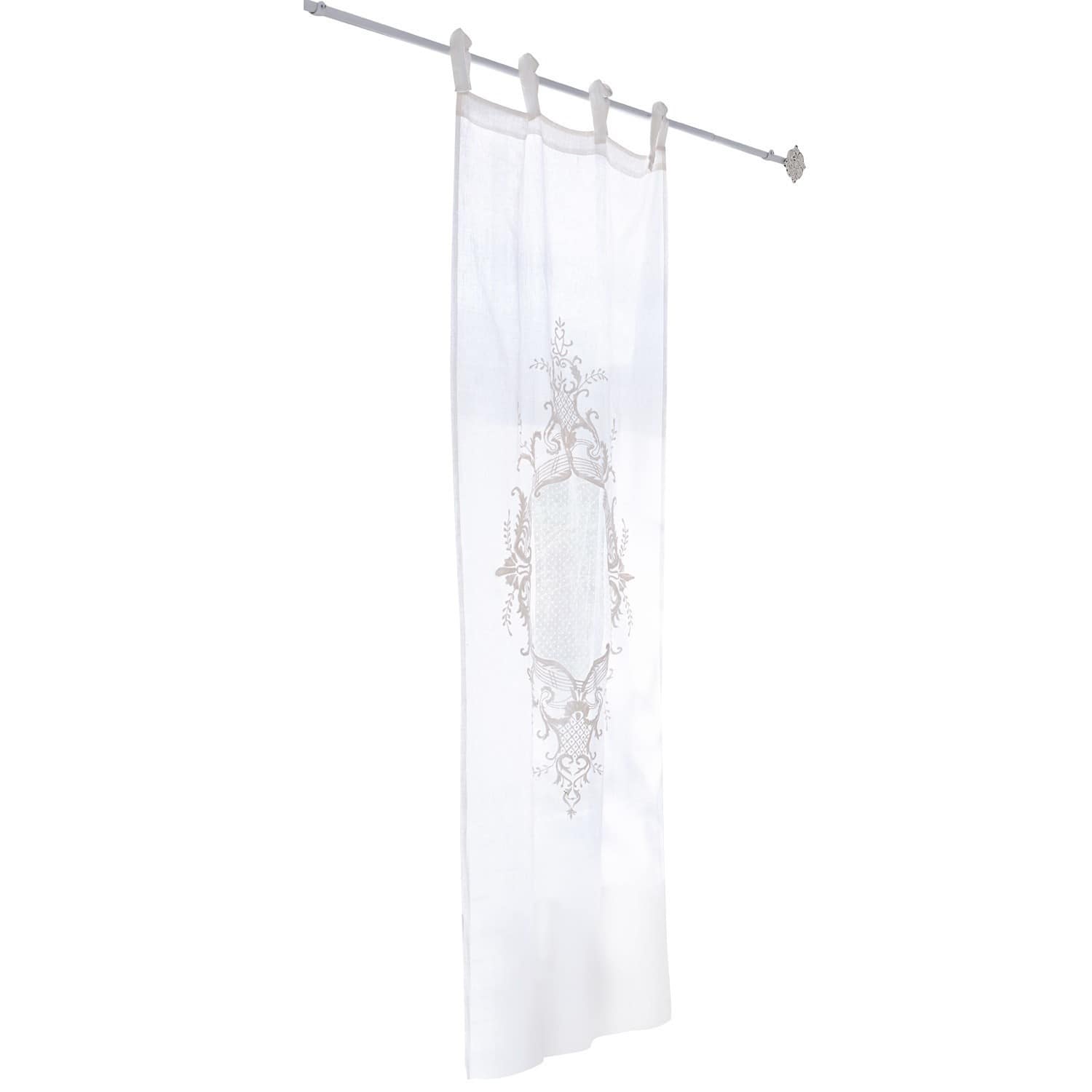 Cortina Leia Cortina blanca de lino con bordado decorativo y lazos para colgar, decoración de ventana