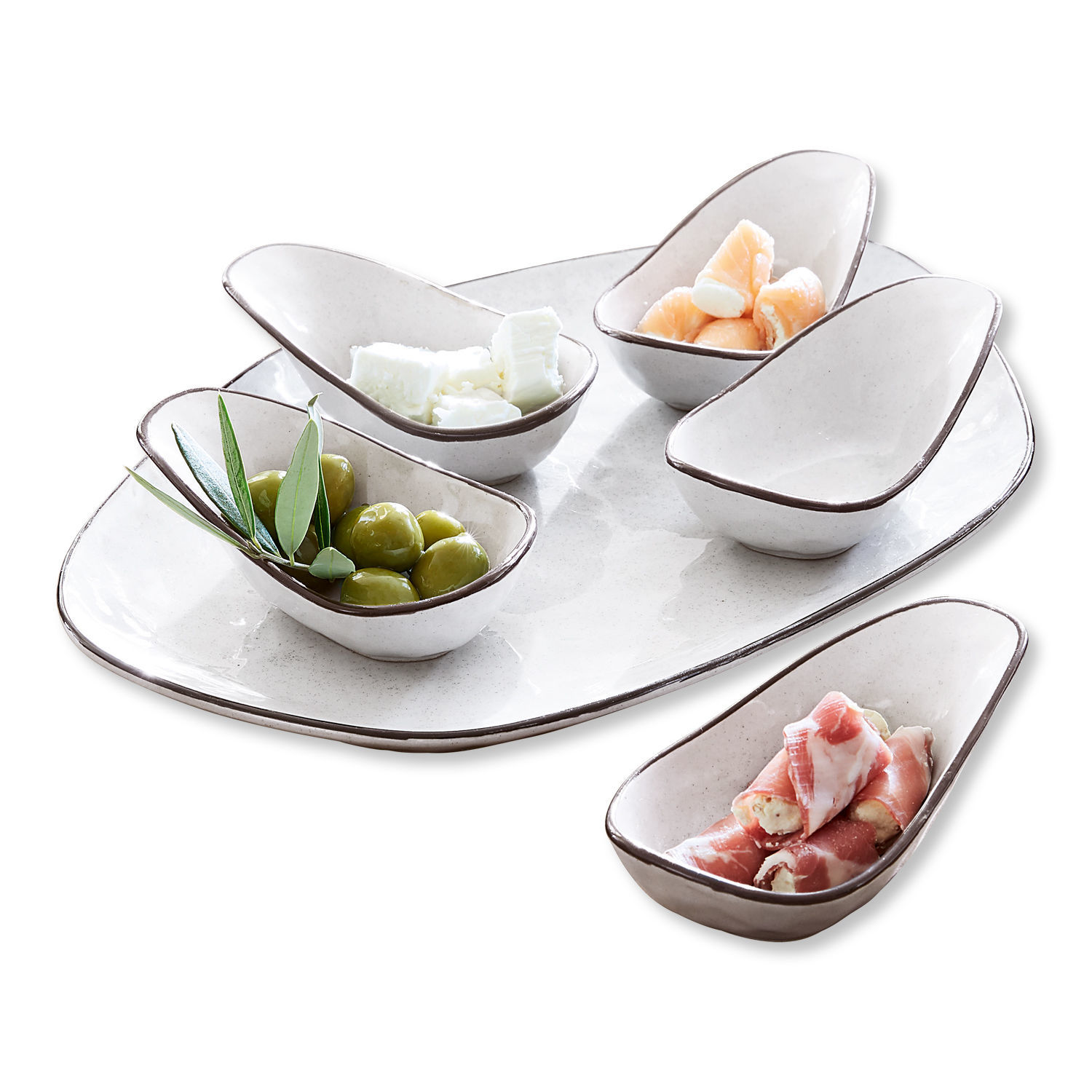 Set de 5 cuencos y plato de servir Biarré Juego de cuencos de cerámica crema con borde marrón para aperitivos y aceitunas