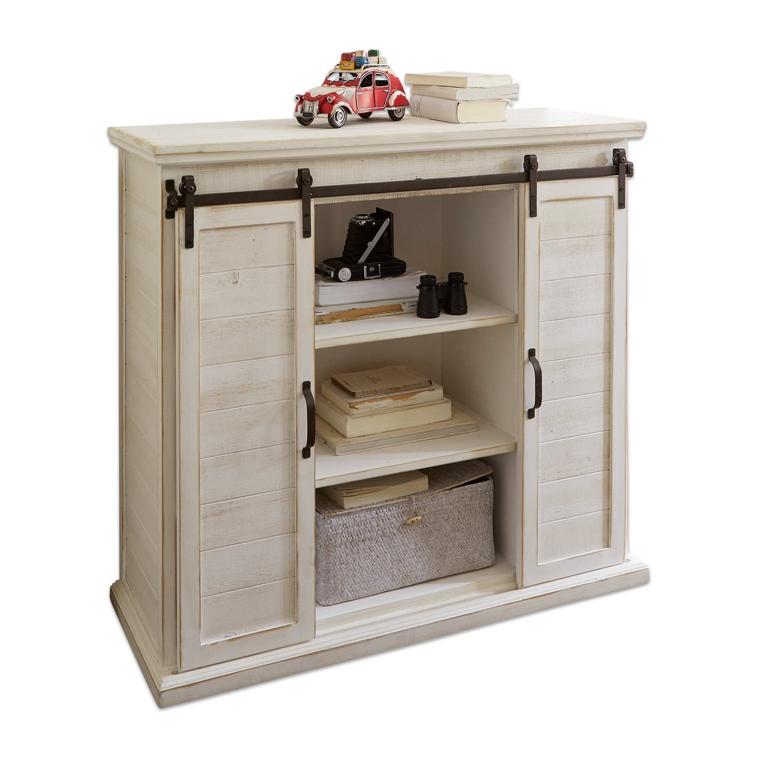 Cómoda Perrin Aparador de madera blanca con puertas correderas y estantes para libros y decoración