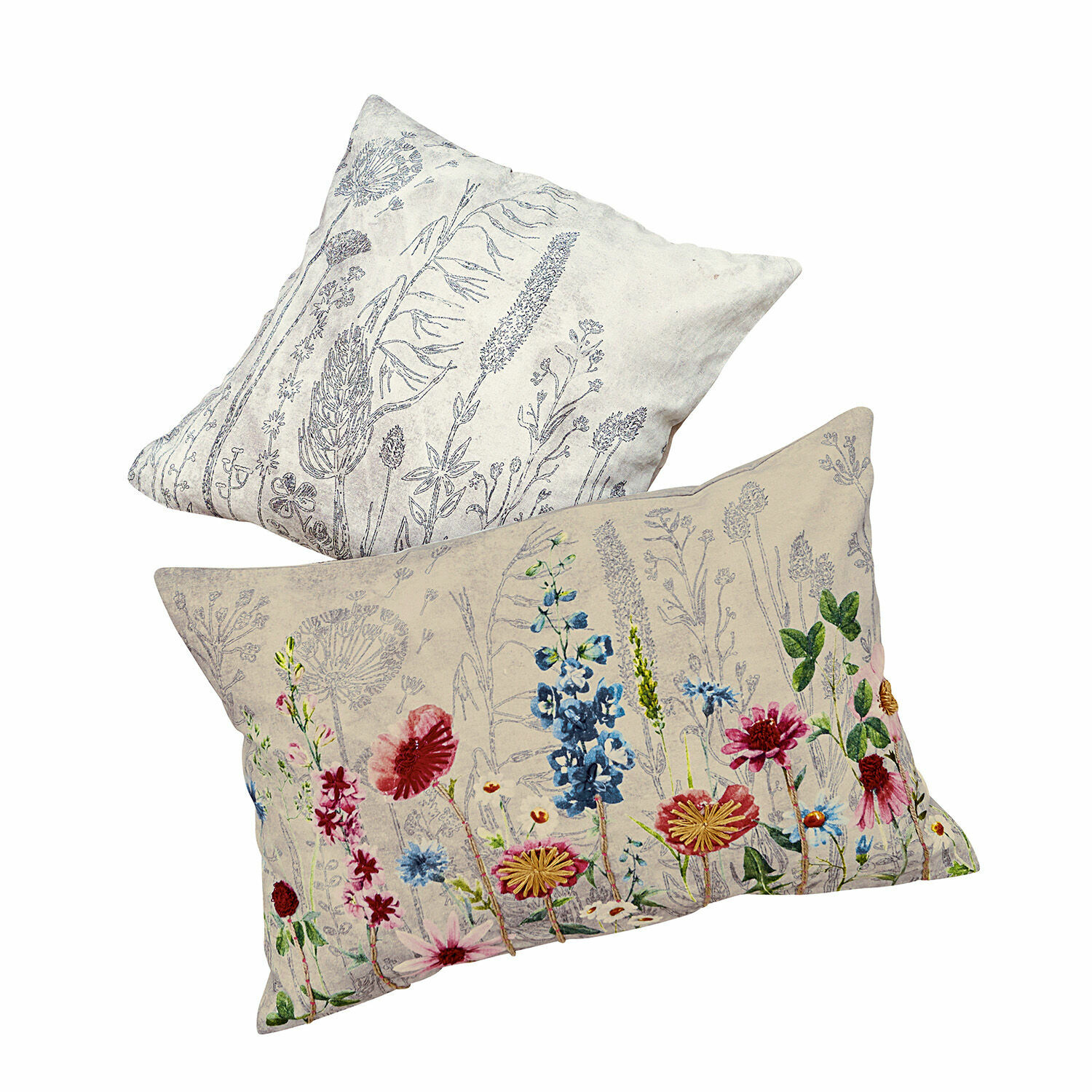 Set de 2 fundas de cojín Eleonoire Conjunto de dos cojines de lino beige y gris con estampado floral, textiles decorativos para salón