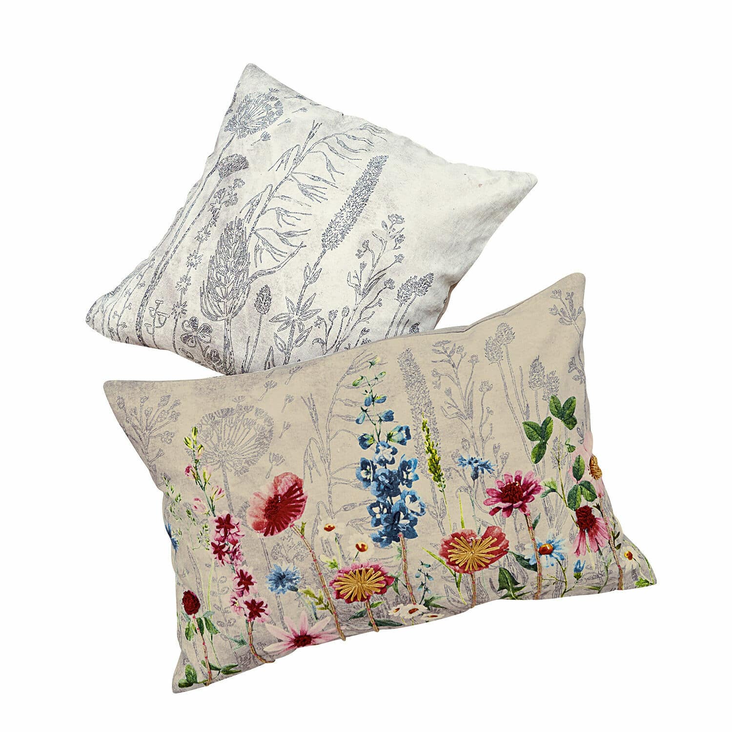 Set de 2 fundas de cojín Eleonoire Conjunto de dos cojines de lino beige y gris con estampado floral, textiles decorativos para salón