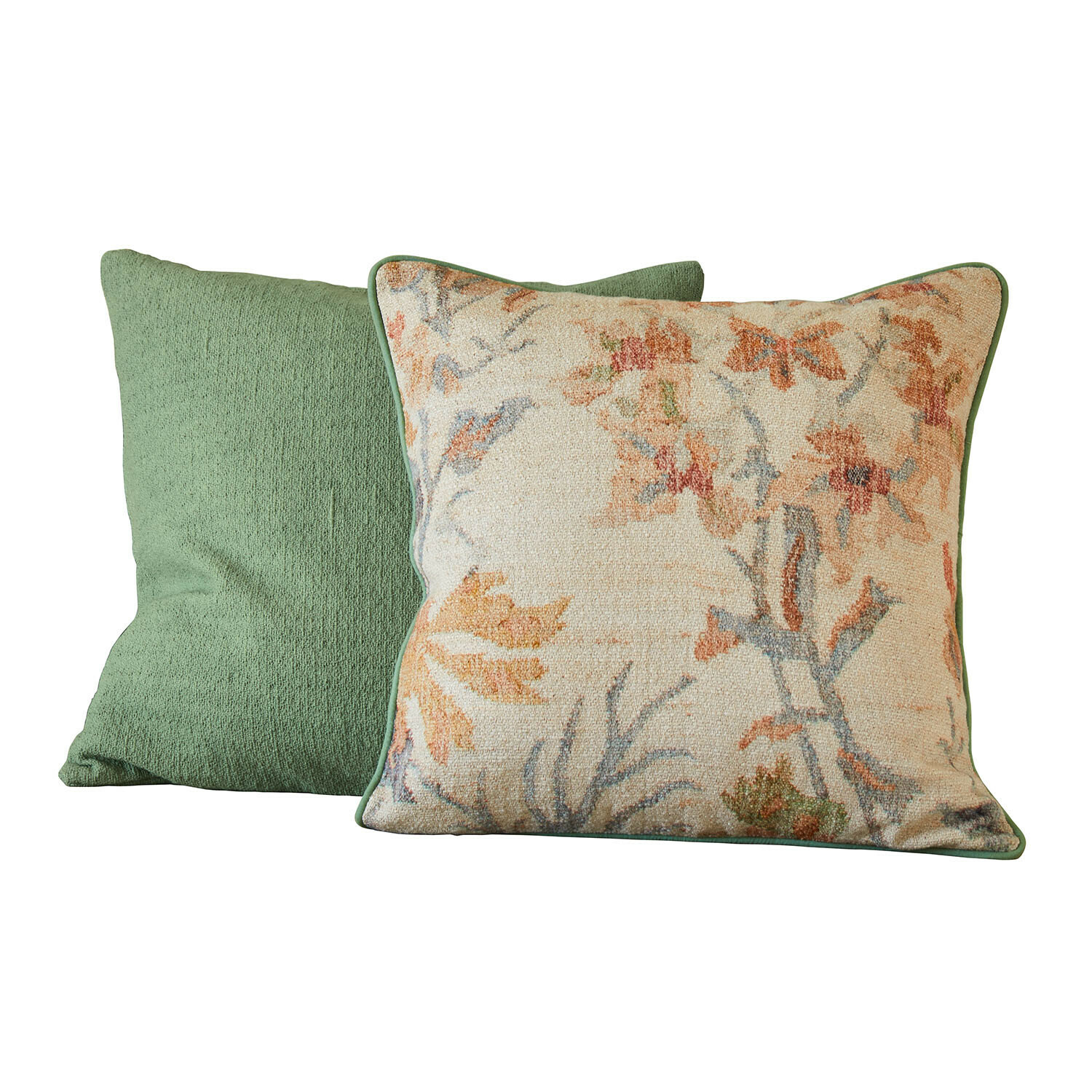 Set de 2 fundas de cojín Osorno Conjunto de dos cojines decorativos, uno verde y otro con diseño floral sobre fondo crema