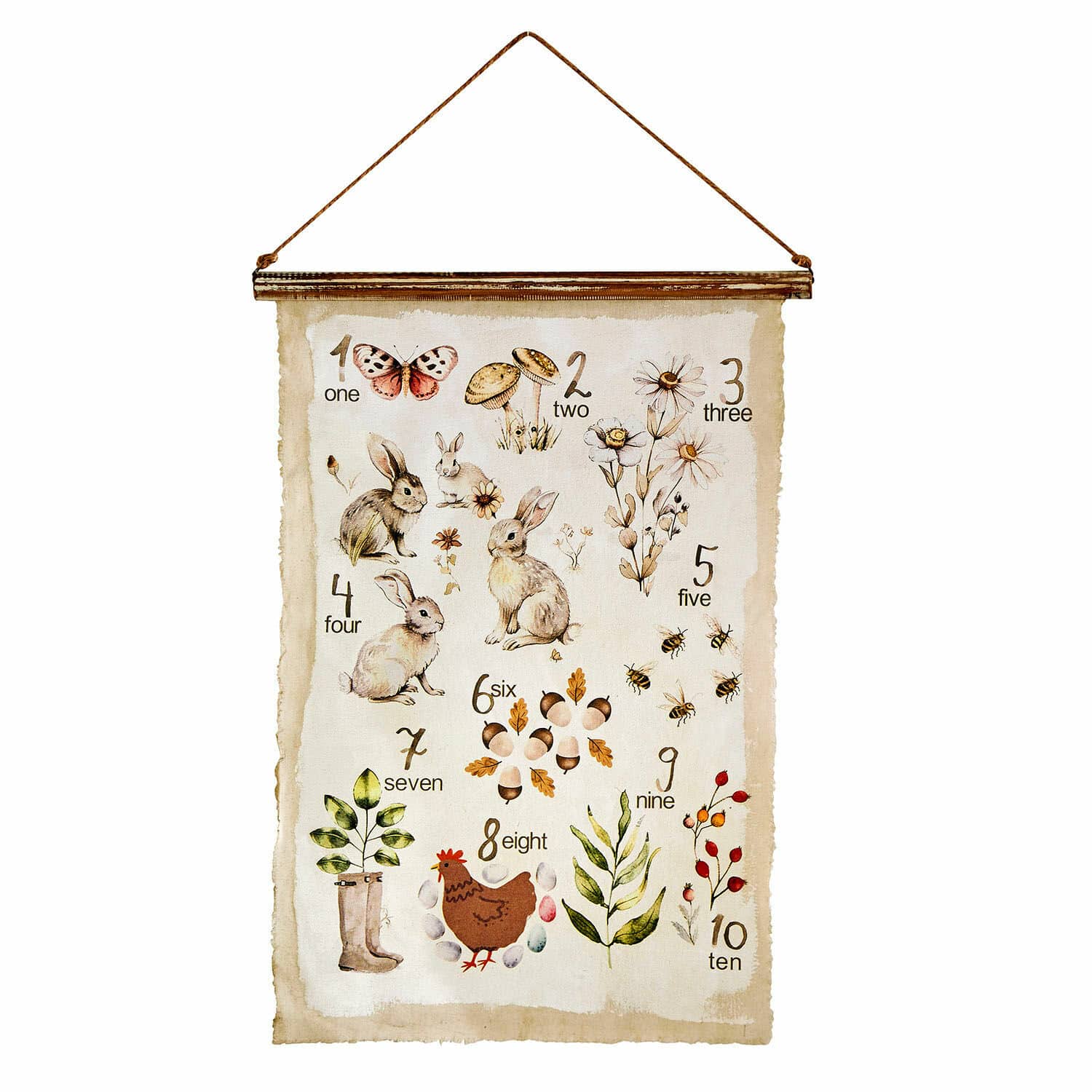 Póster Kalhira Póster decorativo con números e ilustraciones de conejos, flores y animales sobre fondo beige
