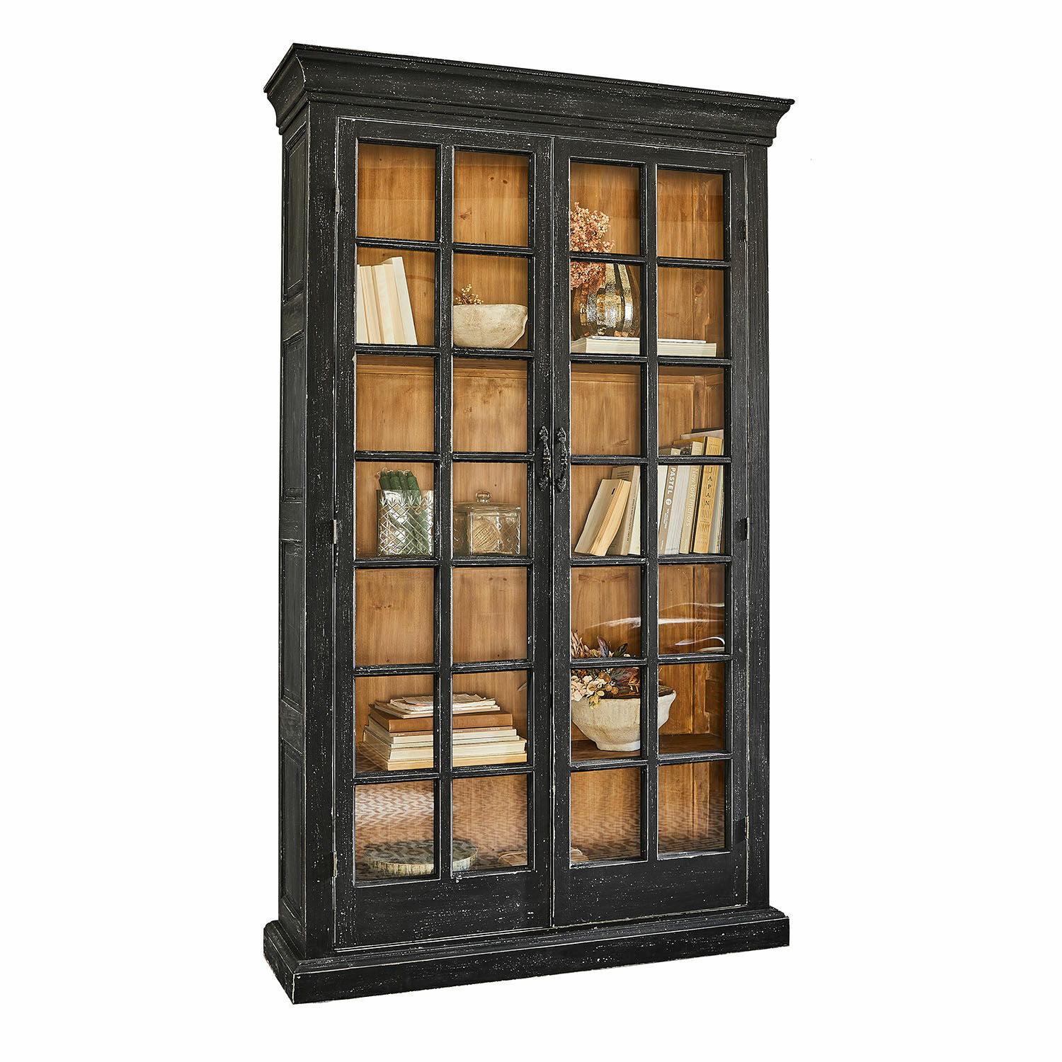 Armario Mervique Vitrina de madera negra con puertas de cristal e interior natural, mueble elegante para salón