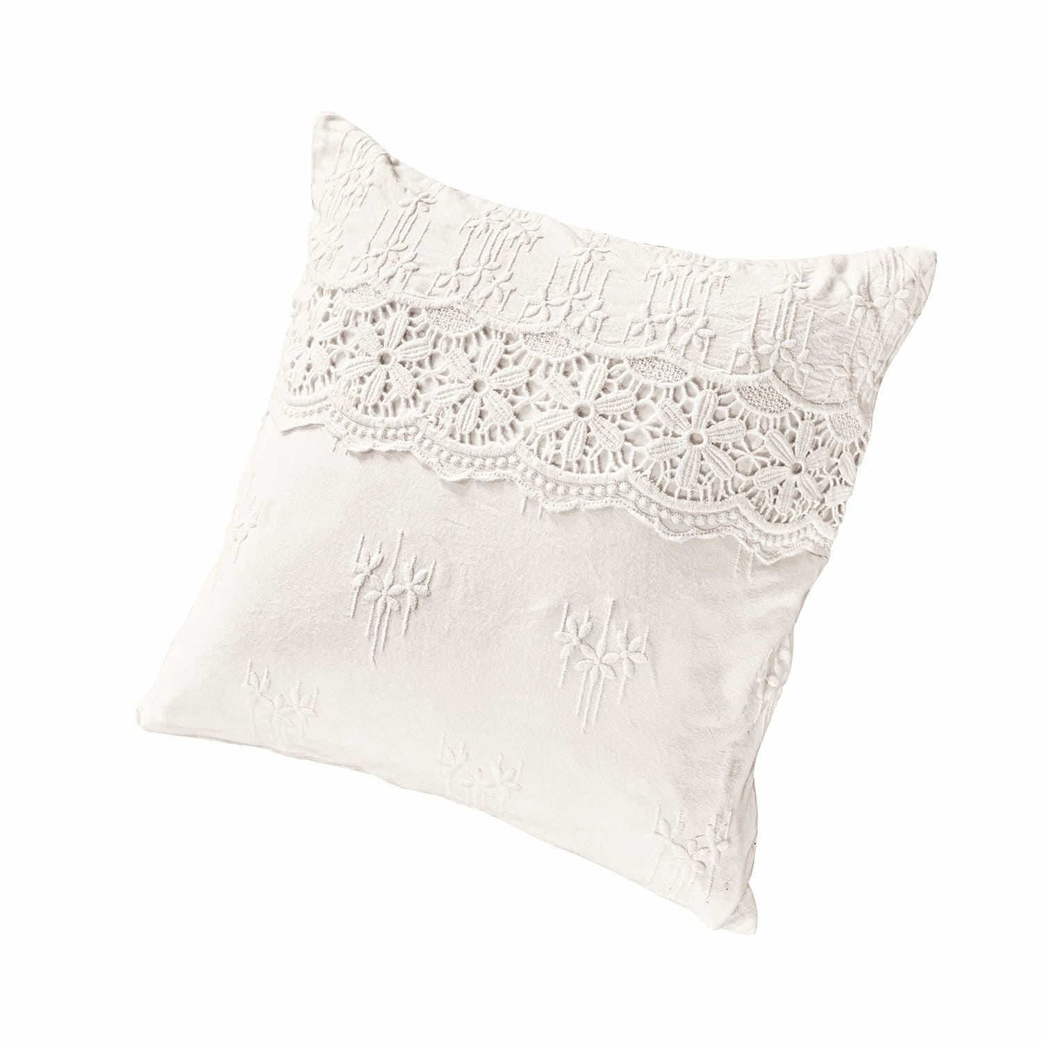 Funda de cojín Fianna Cojín decorativo blanco de algodón con encaje y bordado para sala de estar