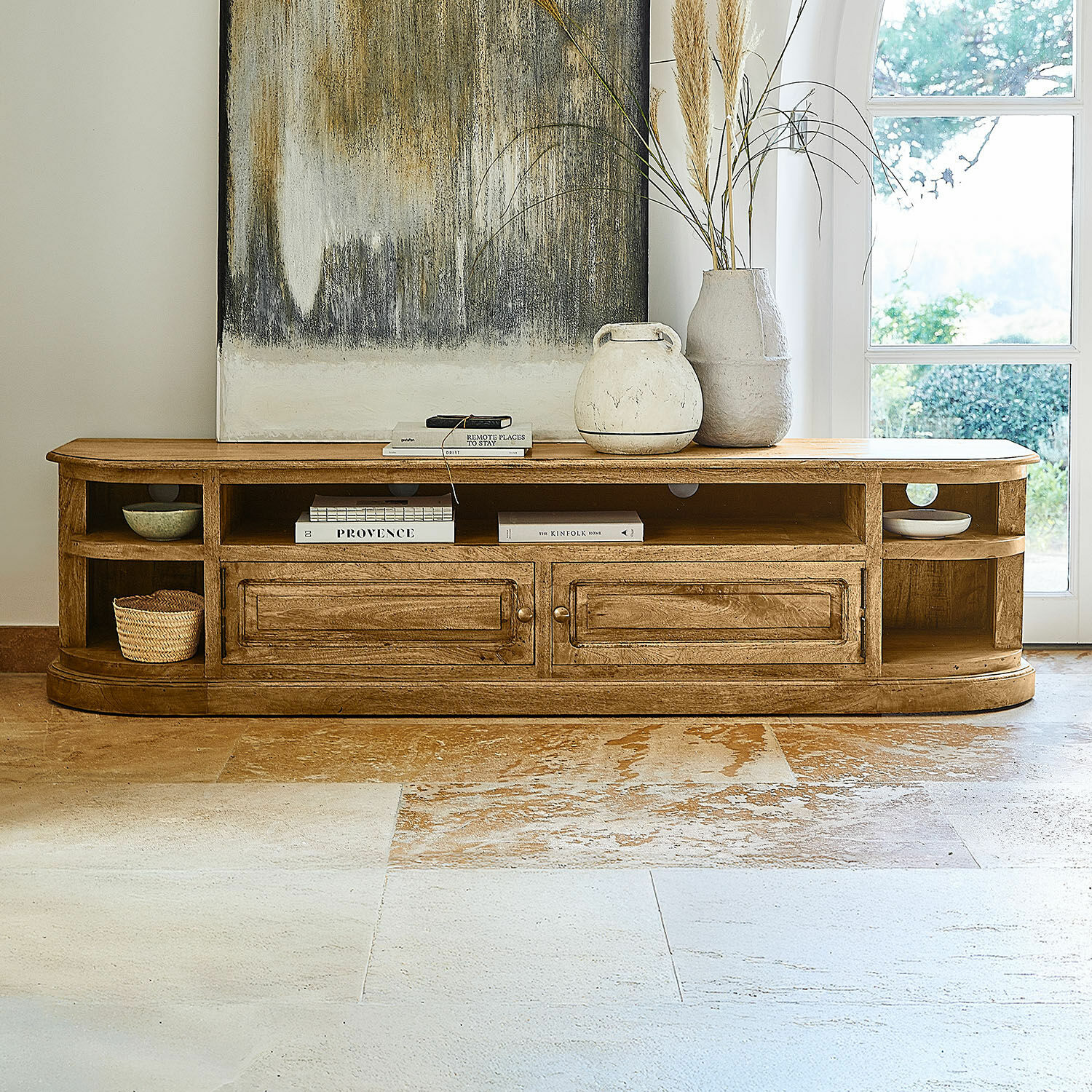 Aparador Wendalique Mueble para TV de madera natural con estantes y cajones para sala de estar