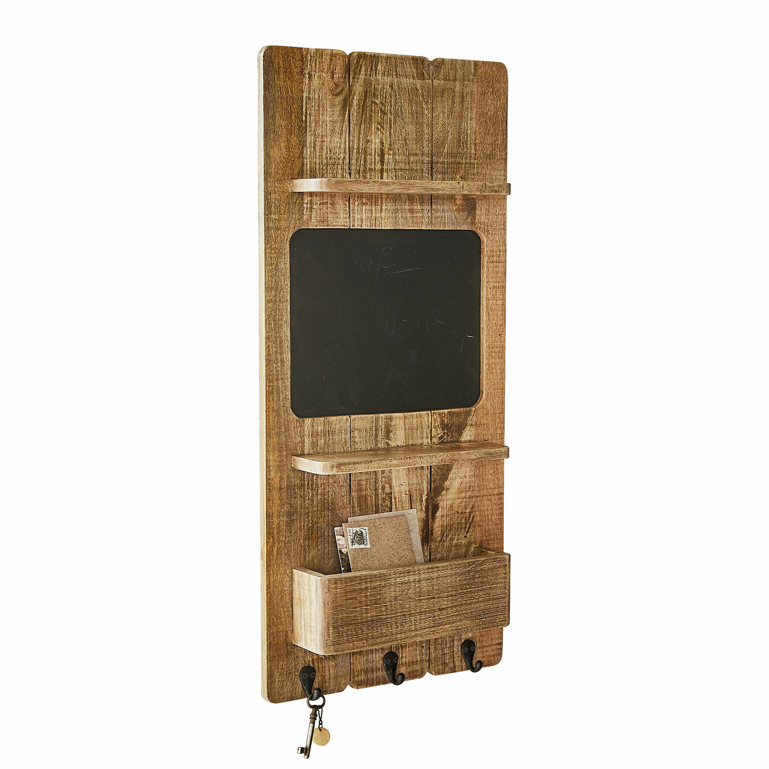 Organizador de pared Seraphique Tablero de madera con pizarra negra, estantes y ganchos para llaves en color madera natural
