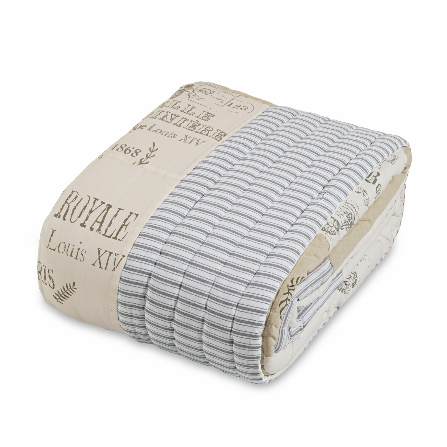 Colcha Framingham Colcha acolchada de algodón en beige y gris con rayas y texto impreso, ropa de cama decorativa
