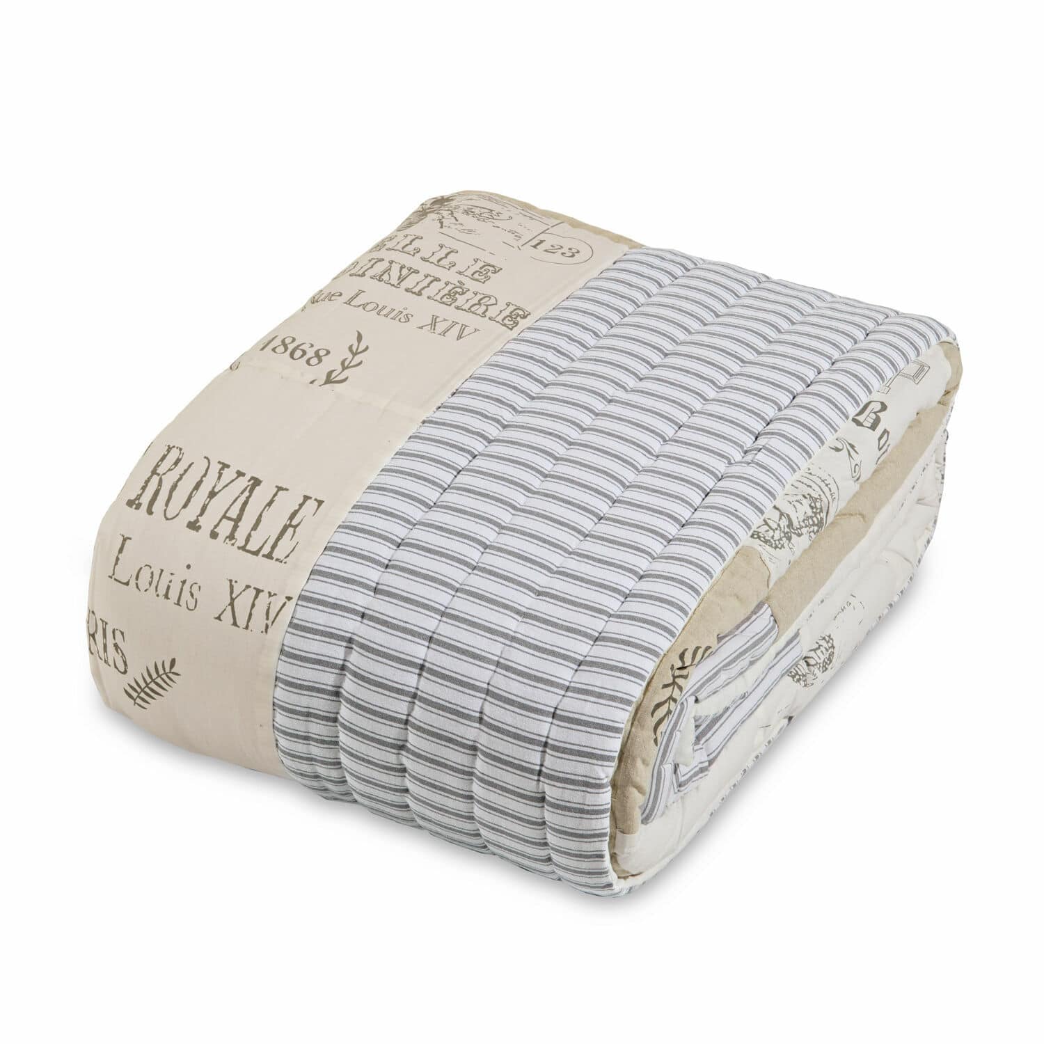 Colcha Framingham Colcha acolchada de algodón en beige y gris con rayas y texto impreso, ropa de cama decorativa