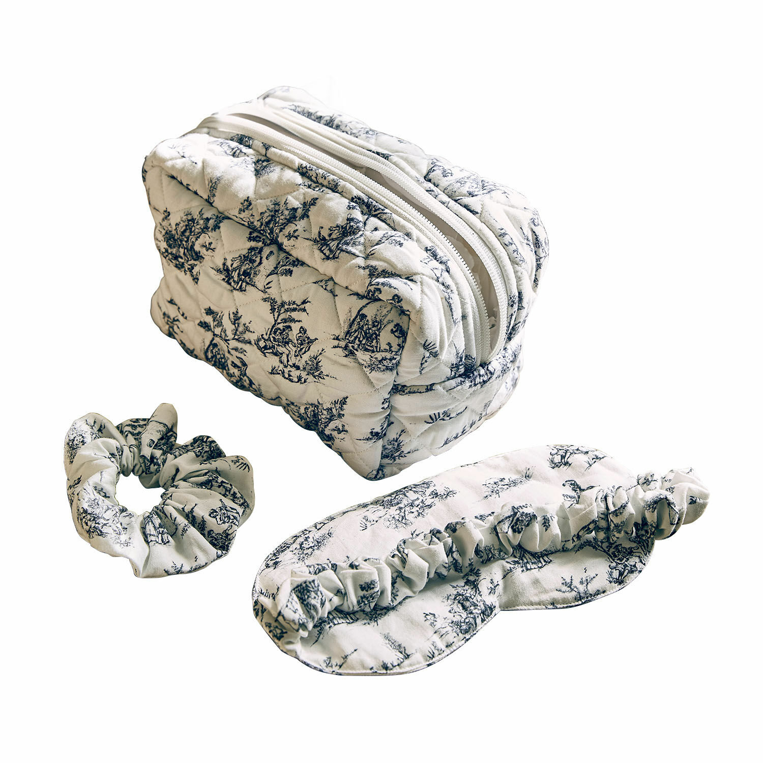 Set para dormir Felencio Set de cosméticos de algodón blanco con estampado negro, incluye neceser, coletero y antifaz
