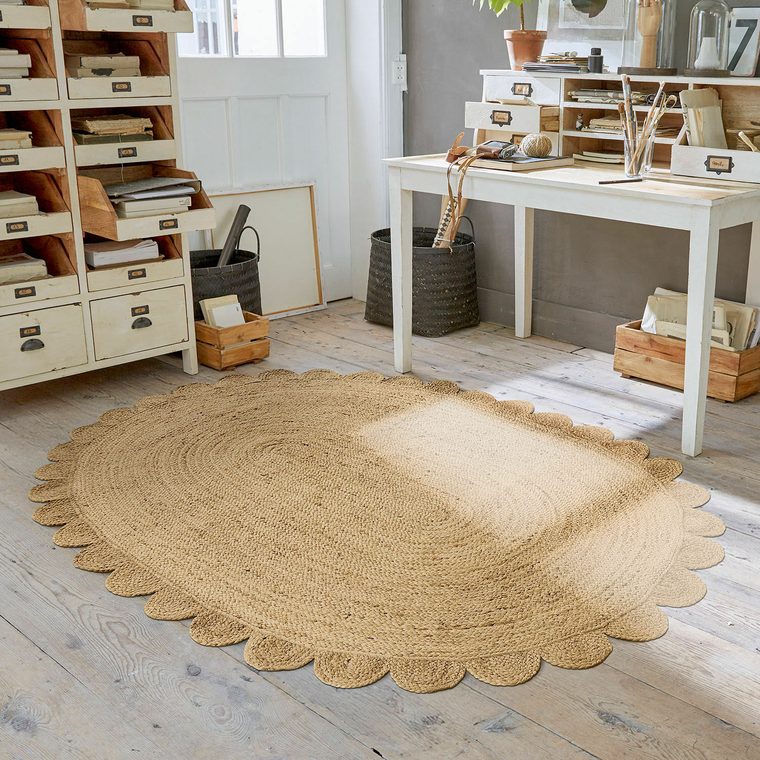Alfombra Ferce Alfombra ovalada de yute natural con borde decorativo, ideal para un ambiente acogedor