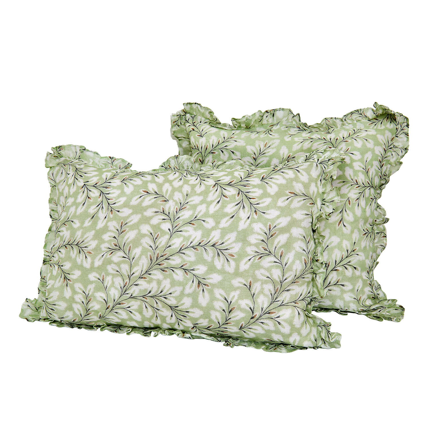 Set de 2 fundas de cojín Norelline Cojines verdes de algodón con estampado de hojas blancas y volantes, decoración elegante para el hogar