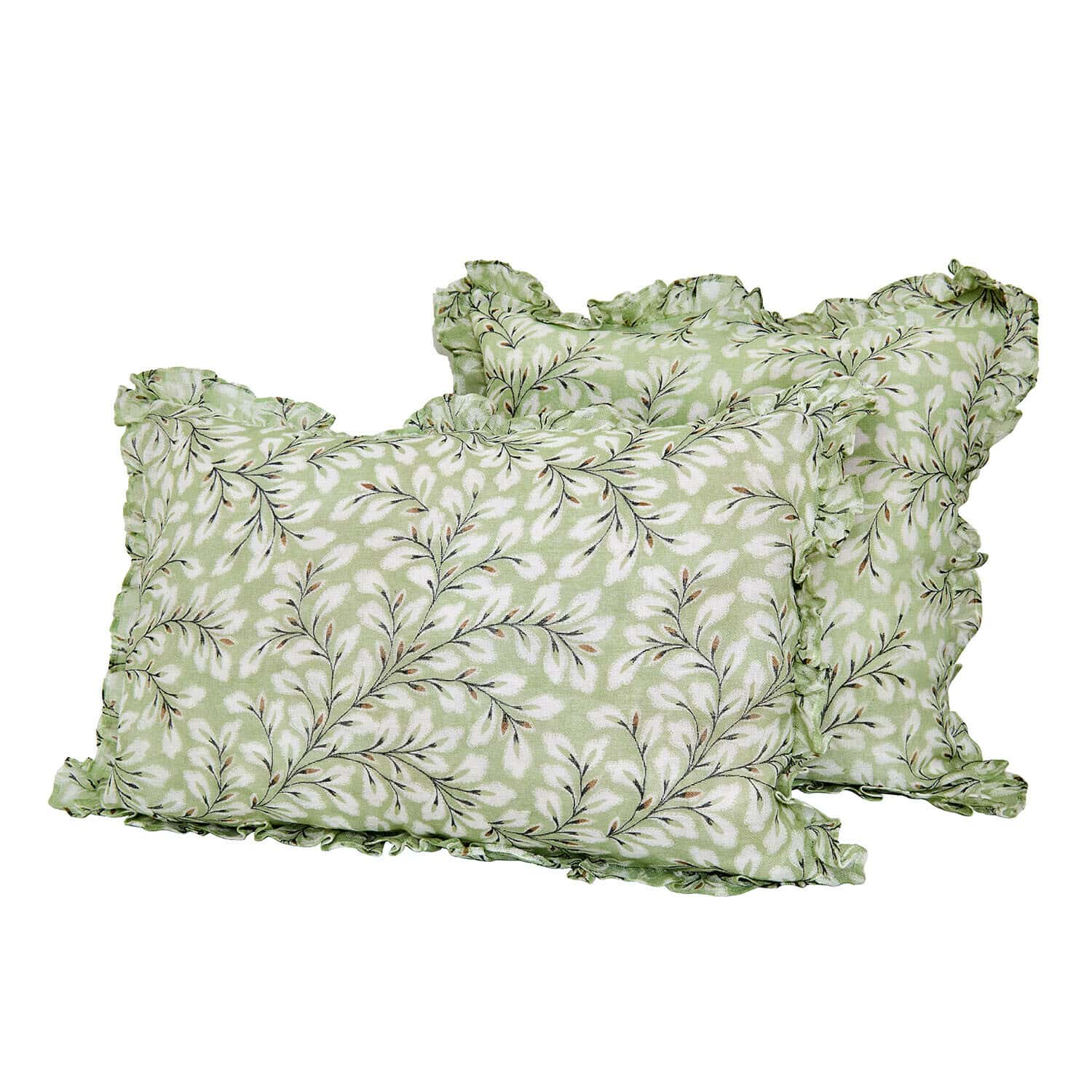Set de 2 fundas de cojín Norelline Cojines verdes de algodón con estampado de hojas blancas y volantes, decoración elegante para el hogar